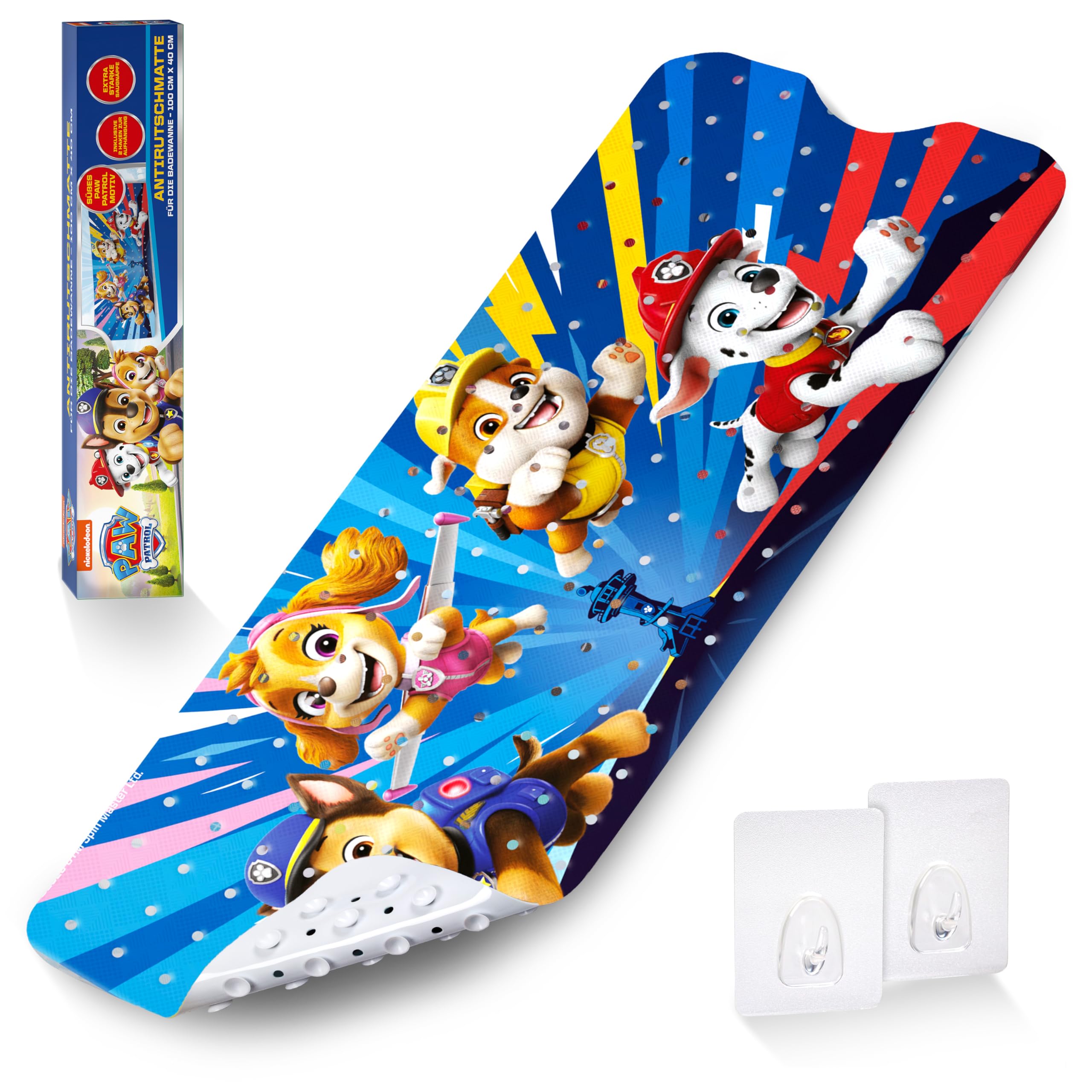 Paw Patrol Red Bath Mat, 100 X 40 Cm - Non-Slip, Anti-Mould, Antibacterial, Suction Cups, Drainage Holes, Hangers - Official Pvc Kids Bath Mat For Fans