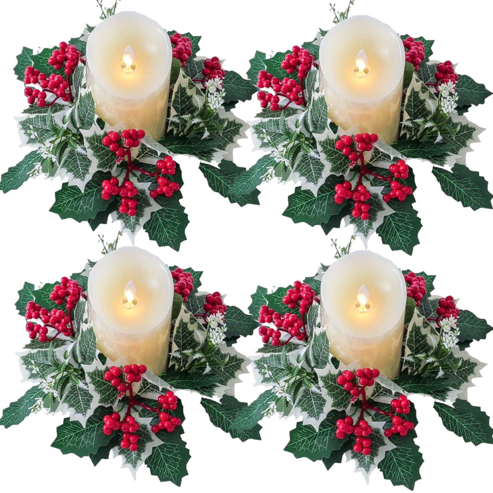 Anneaux de Bougie de Noël Artificiels et Durables avec Houx Vert et Baies Rouges Éclatantes