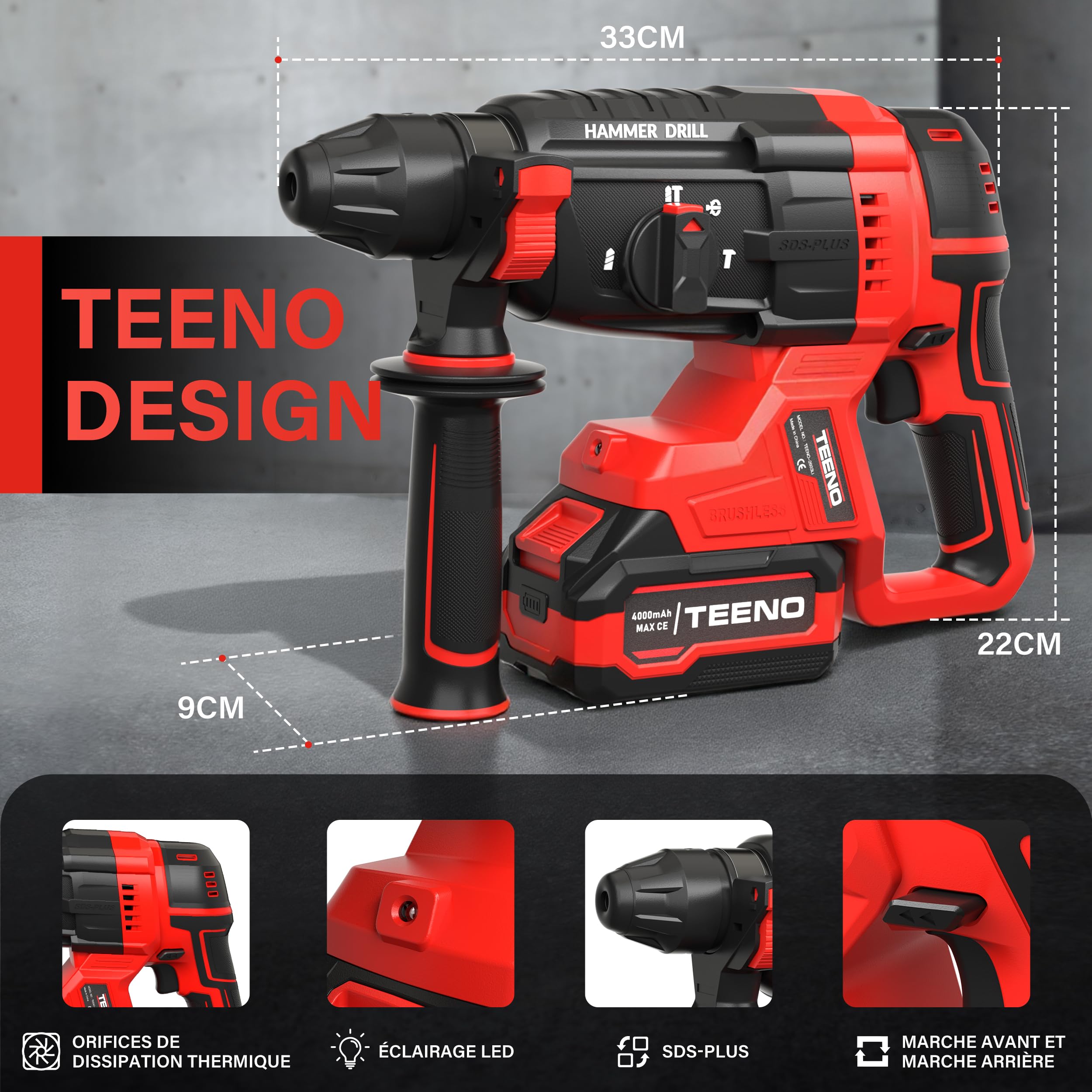 TEENO Marteau Perforateur sans Fil 20V Brushless, 2 Batteries 4.0Ah & Chargeur, 1500RPM, 4850BPM, SDS-PLUS, LED, Design Antivibration, Perforateur Burineur avec 8 Accessoires et Coffret