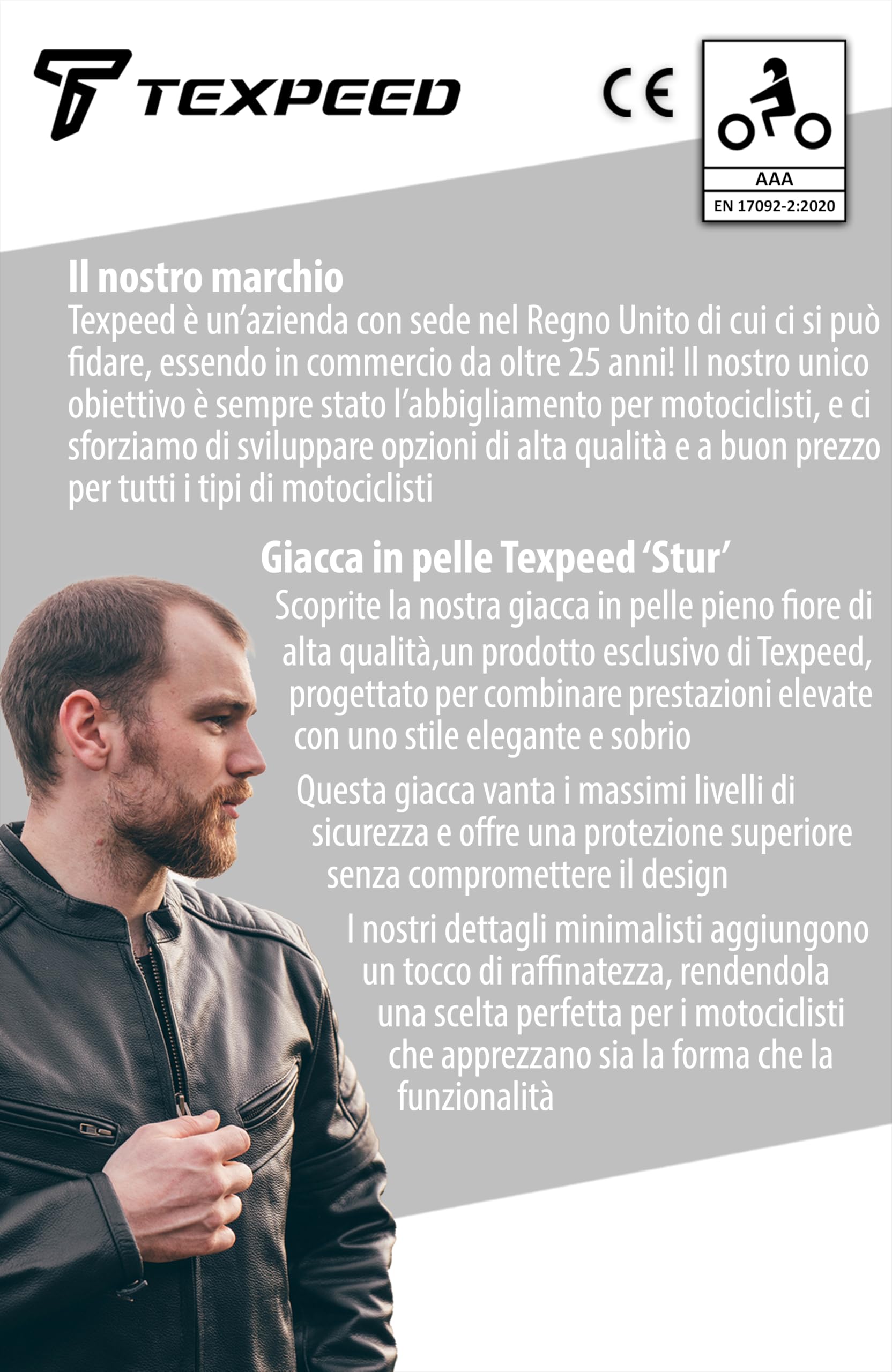 Texpeed Giacca da moto in pelle da uomo - Giacca da moto da turismo con protezione originale da motociclista CE (EN 1621-1)