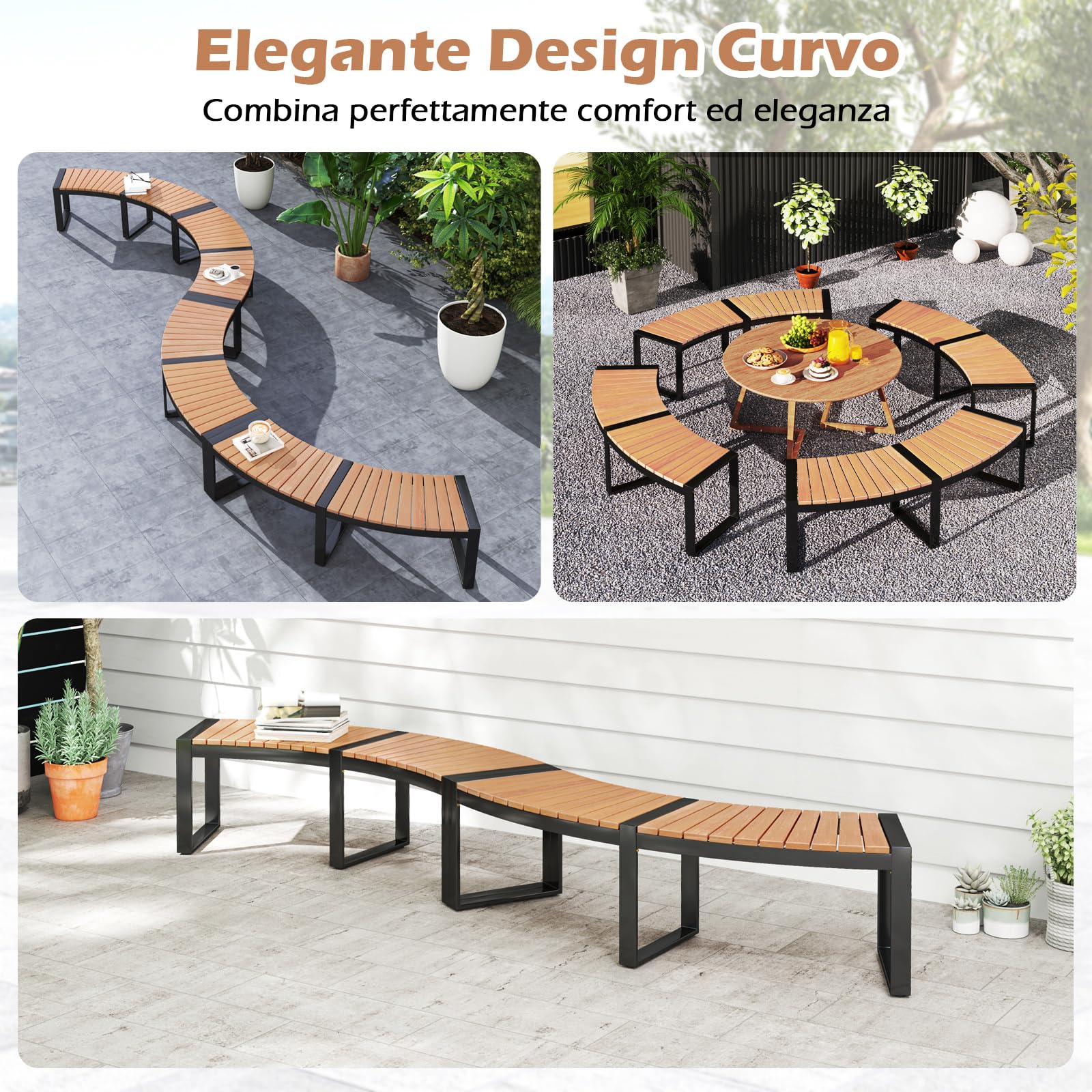 COSTWAY Panchina da Esterno 146 x 58 x 45 cm, Panca in Legno di Acacia 2 Posti con Gambe in Metallo, Panchina Curvata per Giardino, Cortile e Patio, Marrone e Nero (1)