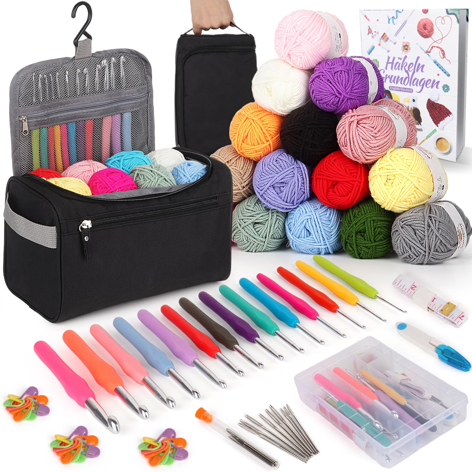 Coopay 73 Stück Häkelset für Anfänger, Tragbar Häkelnadel Set mit 15 Wolle, Tasche, Häkelzubehör, 2,0-10 mm Ergonomische Häkelnadeln mit Lang Weicher Griff, Praktische Häkelnadel Set Geschenk
