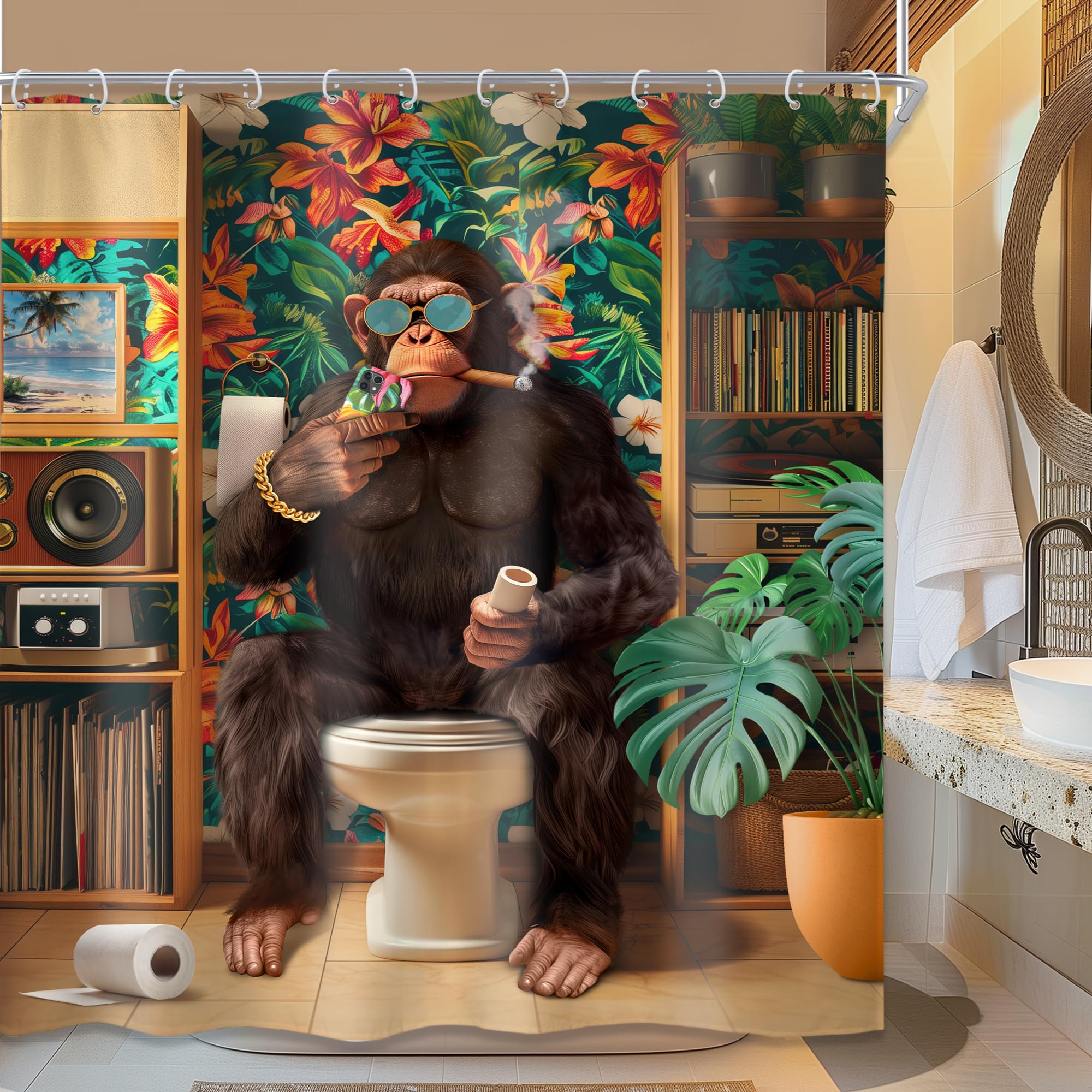 Newsely Funny Monkey Shower Curtain 60Wx72L Inch Chimpanzee Fun Animal Wildlife Tropical Leaves Plant Modern Cool Hilarious Bathroom Set Boys Men Waterproof Bath Decoration Accessories Home Decor