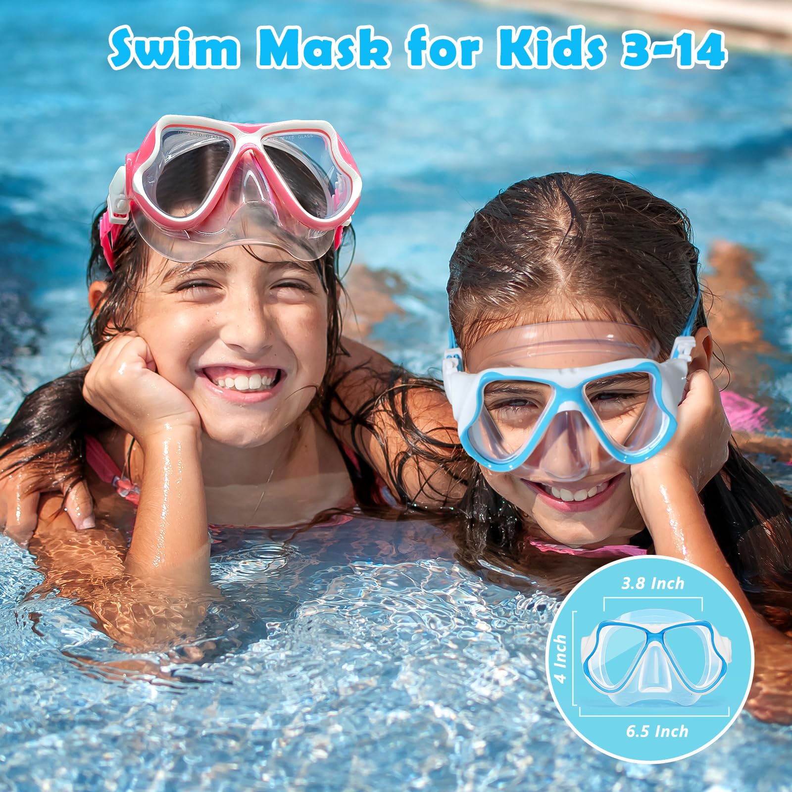 Freela Paquete de 2 gafas de natación para niños y niñas de 3 a 14 años, lente de vidrio templado con visión HD de 180° con cubierta de nariz para piscina y playa