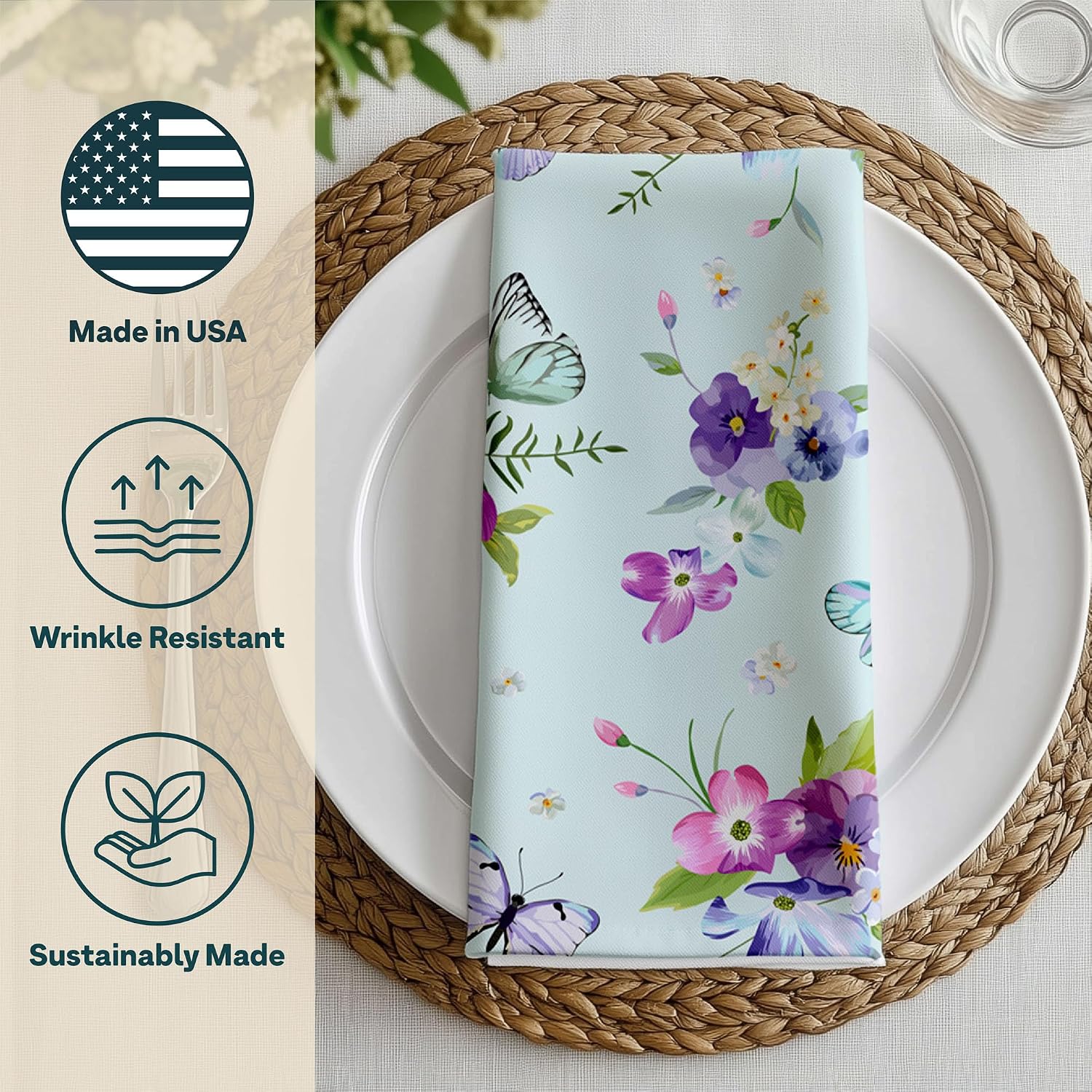 Floral Napkins | Made in USA | 18" x 18" Cloth Table Napkins | Absorbent, Washable, Reusable, Stain & Wrinkle Resistant | Spring Table Decor | Purple, Pink, Green | Blooming Flowers - 4pack