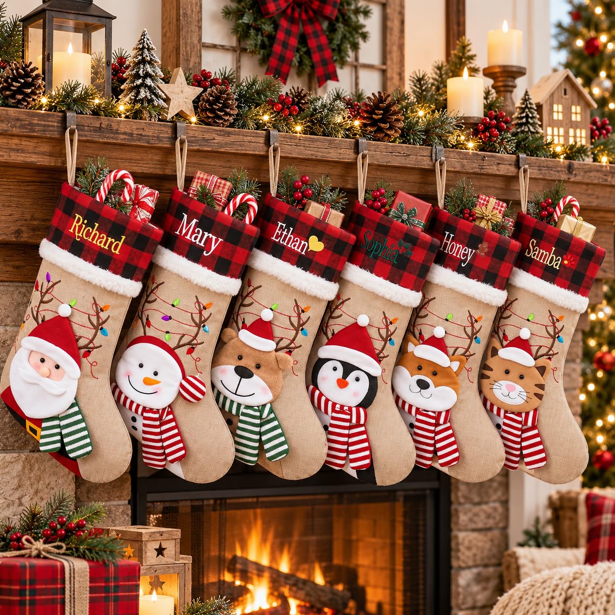 Infiher Personalised Christmas Stockings with Embroidered Name & Monogram,Custom 3D Xmas Character Stocking 4 Pack 18” Large,Santa,Snowman & Reindeer Fireplace Hanging Red Burlap Plaid Stockings(C) — image 1