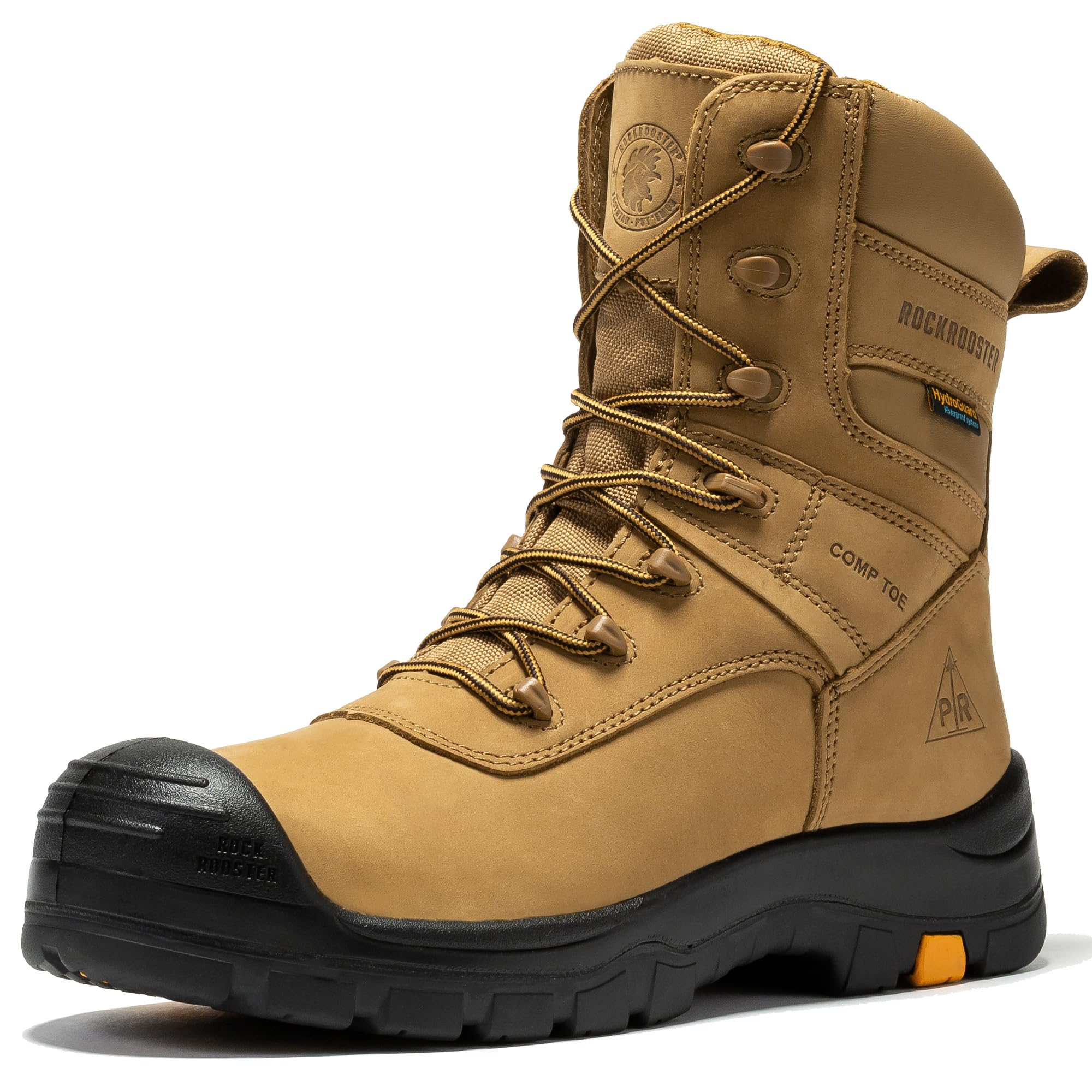 ROCKROOSTER Beaufort CSA Men's Work Boots, 8" Composite Toe Waterproof Black Lace up Leather Construction Boots, Traction Lug Rubber, Metal Free, Cut