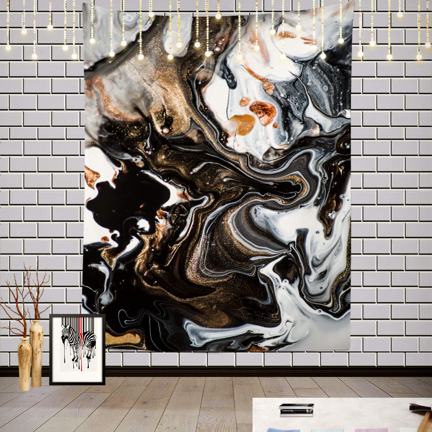 Batmerry Abstract Modern Marble Tapestry, Modern Black and White Marble Pattern Picnic Mat Hippie Trippy Tapestry Wall Art Decor for Bedroom Living Room, 59.1 x 39.4 Inches, Black White Gold