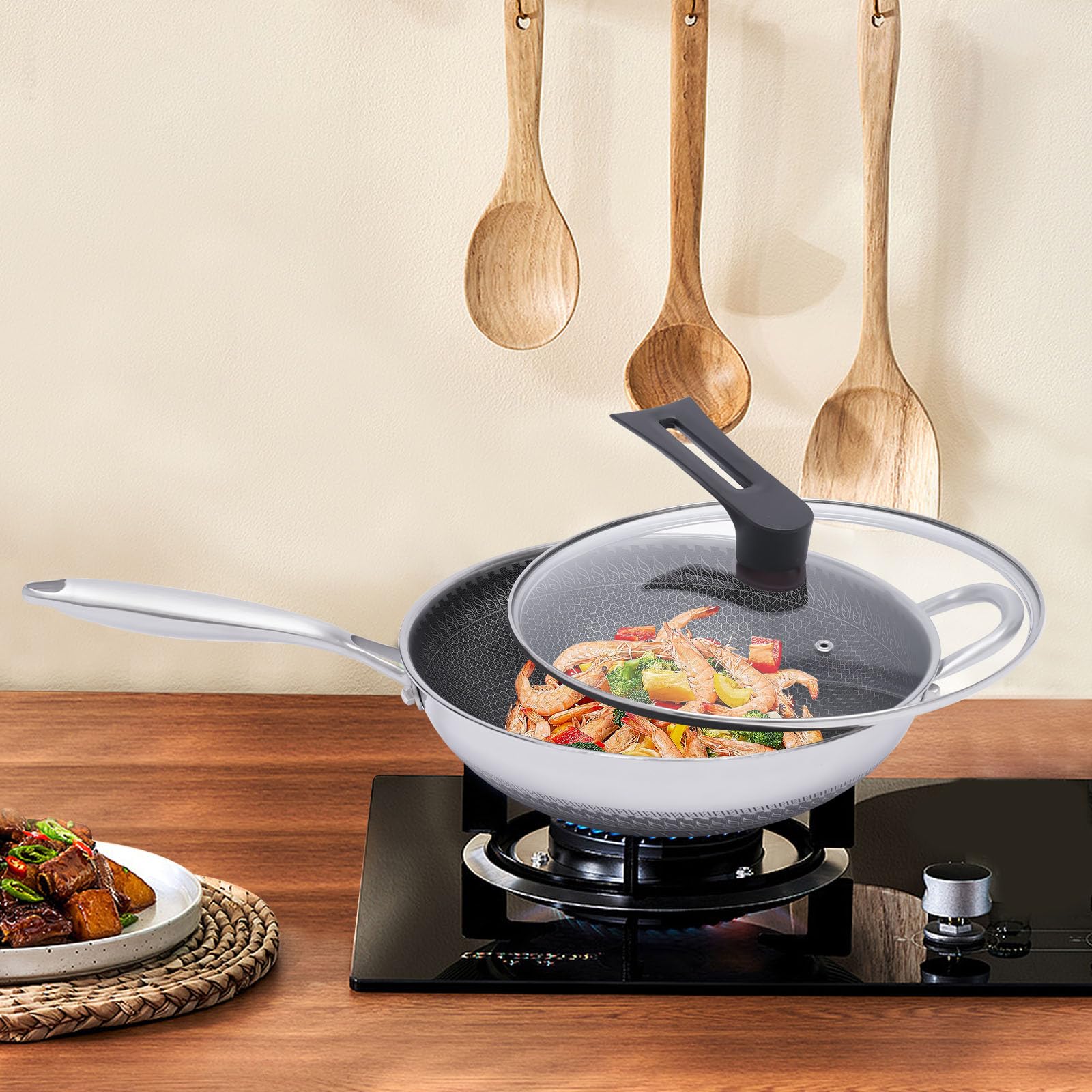 LyteNest 12Inch Woks & Stir-fry Pans Nonstick, Wok Pan with Glass Lid: Pre-Seasoned Flat Bottom Chinese Wok for Induction, Electric, Gas, All Stoves