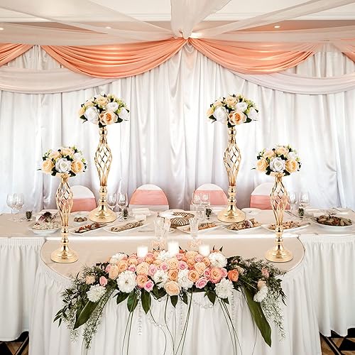 Miniatura 6 de 24 piezas de soporte de metal para flores de boda, centros de mesa de boda dorados para mesa, florero, arreglo elegante para recepción, portavelas