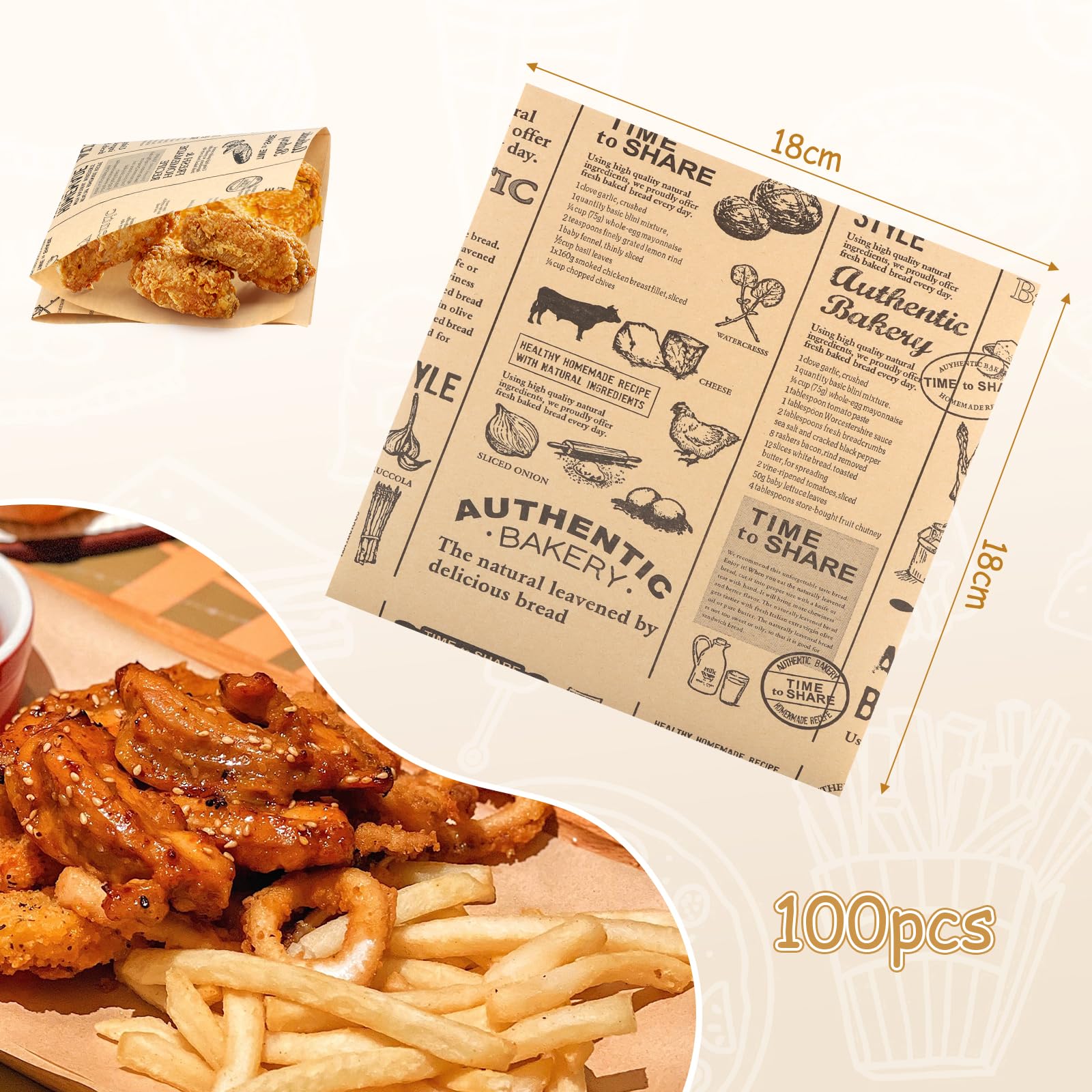 100 Fogli Carta Alimentare，Carta Oleata per Alimenti di Grandi Dimensioni 18 * 18cm，Imballaggio ，per Panini, Patatine Fritte, Hamburger, Formaggio, Torte