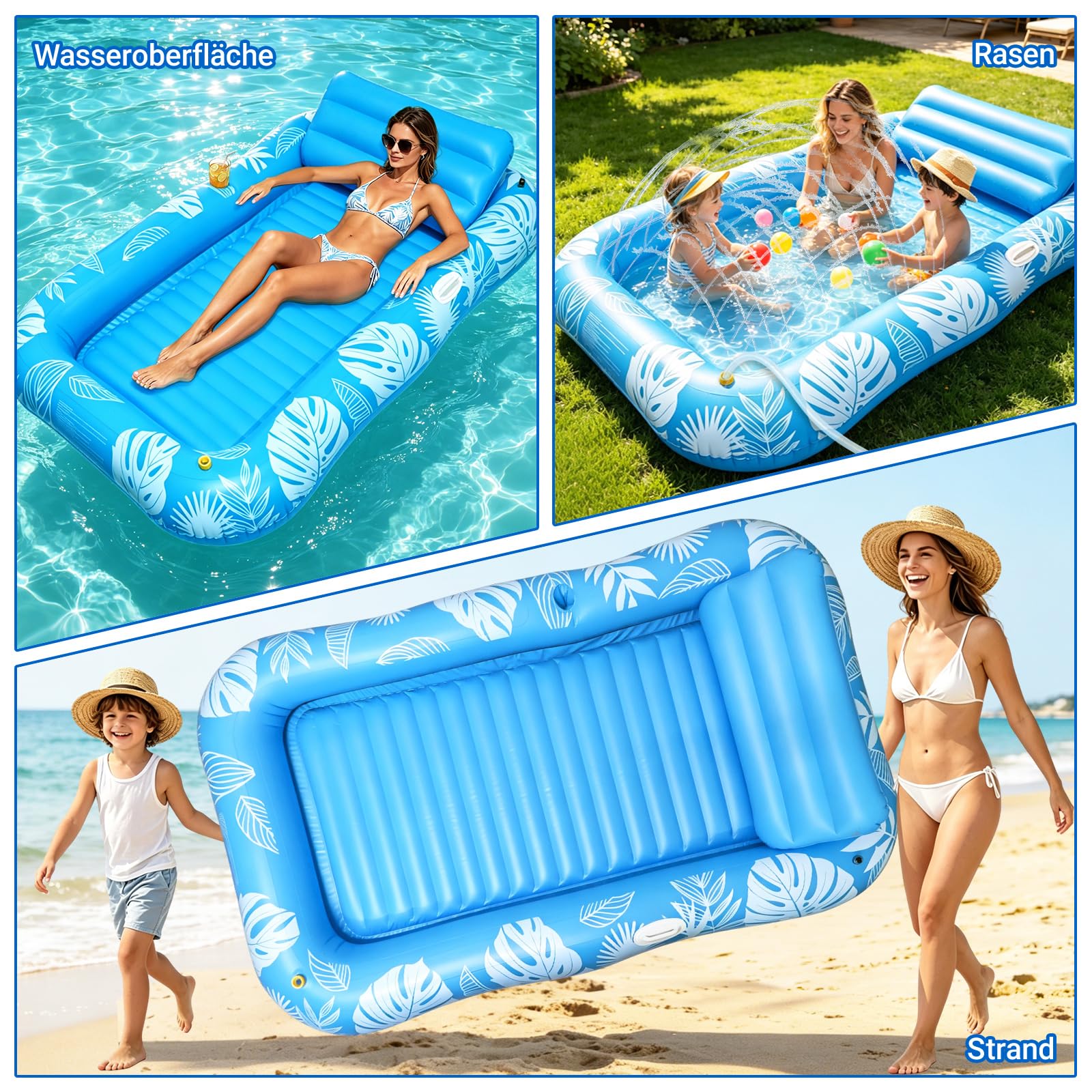 Tanning Pool mit Eingebautem Sprinkler, Luftmatratze Schwimminsel mit Getränkehalter, Griff und Rückenlehne, Amphibisch Luftmatratze Wasser Erwachsene Geeignet für Schwimmbäder, Strände, Gärten
