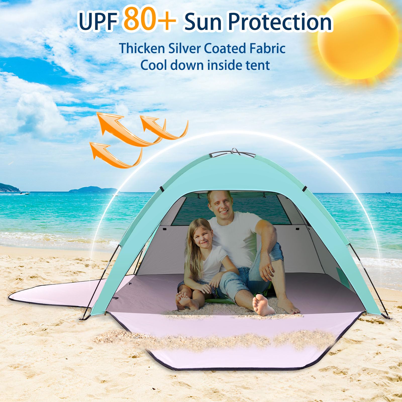 Tienda de Playa para 1-3 Personas, Tienda de Sombra para la Playa Protección UV 80+, Tienda de Campaña con Dos Puertas con Cremallera y Dos Ventanas de Red, Adecuada para Uso Familiar
