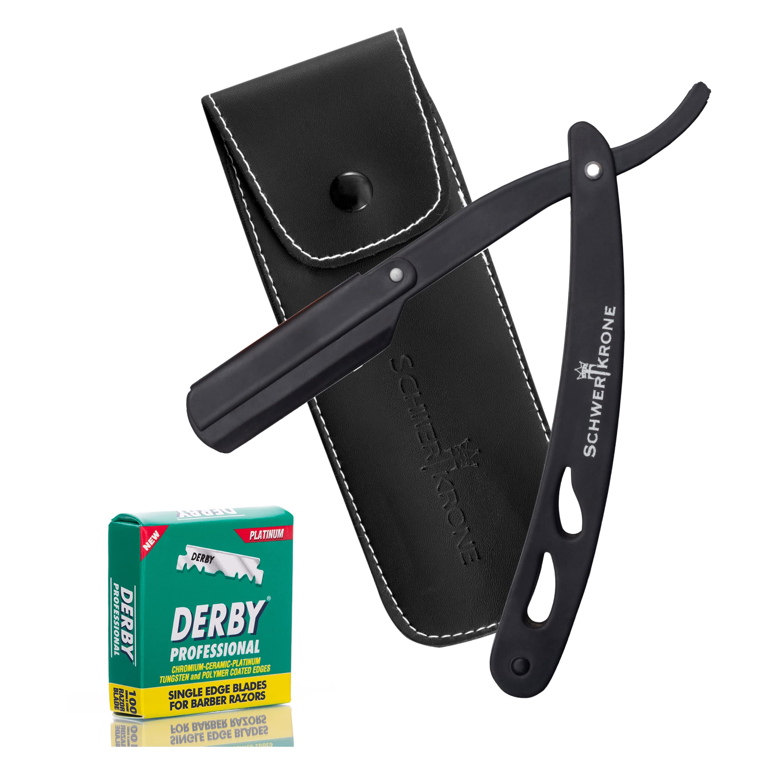 Schwertkrone Rasoio a Mano Libera - Accessorio Professionale di Barbiere per Rasatura e Cura dei Contorni di Barba Uomo + 100 Lamette da Barba Derby