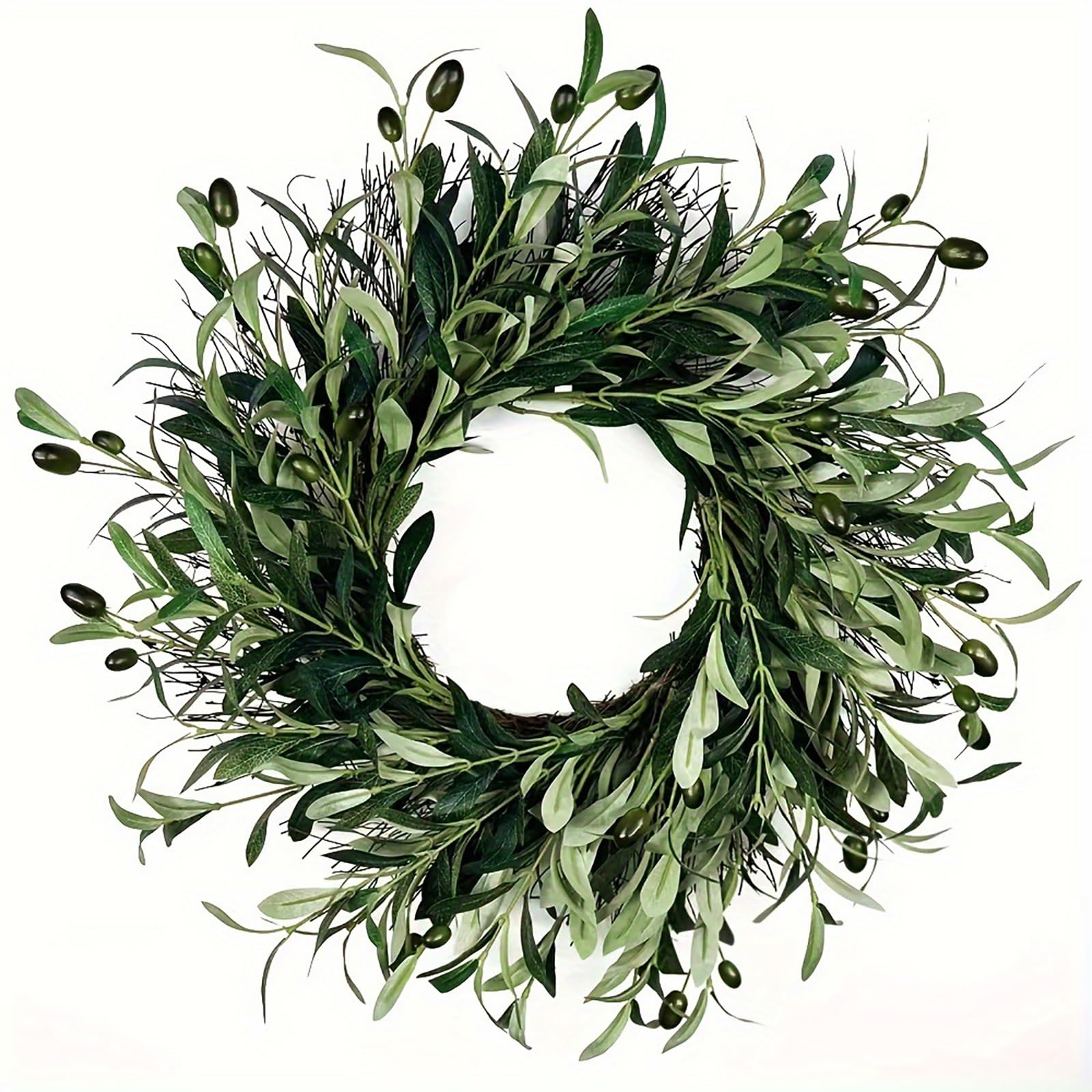 Corona Navideña de Hojas de Olivo Artificiales, Corona Navideña de Aceitunas Verdes con Hojas de Olivo Verdes, para Decoración de Hogar, Pared, Ventana, Festival, Boda(60cm/23.6in)