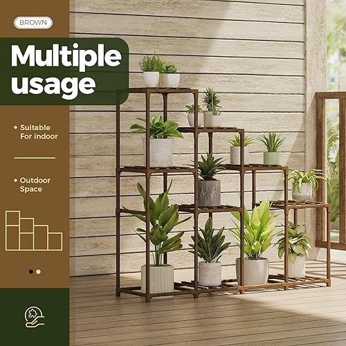 Miniatura 4 de Bamworld Soporte alto para plantas de interior, estante de madera para plantas al aire libre, estante escalonado para múltiples plantas, 4 niveles,