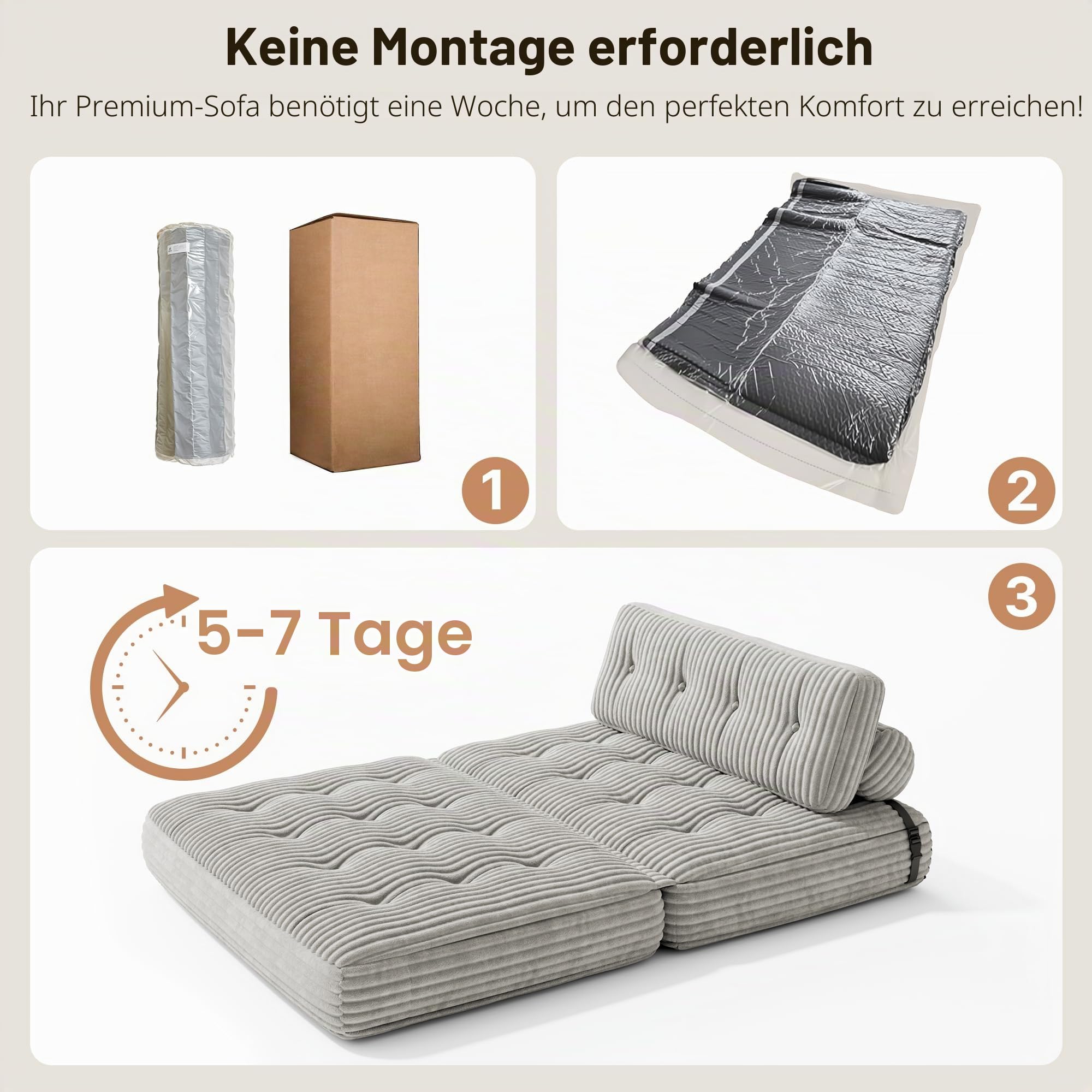 Xbro Faltbares Klappsofa 2-in-1 Mit Schlaffunktion, Gästebett Für Kleine Räume, Cordstoff, Verstellbare Kopf- Und Rückenstütze, 180 x 130 cm, Hellgrau