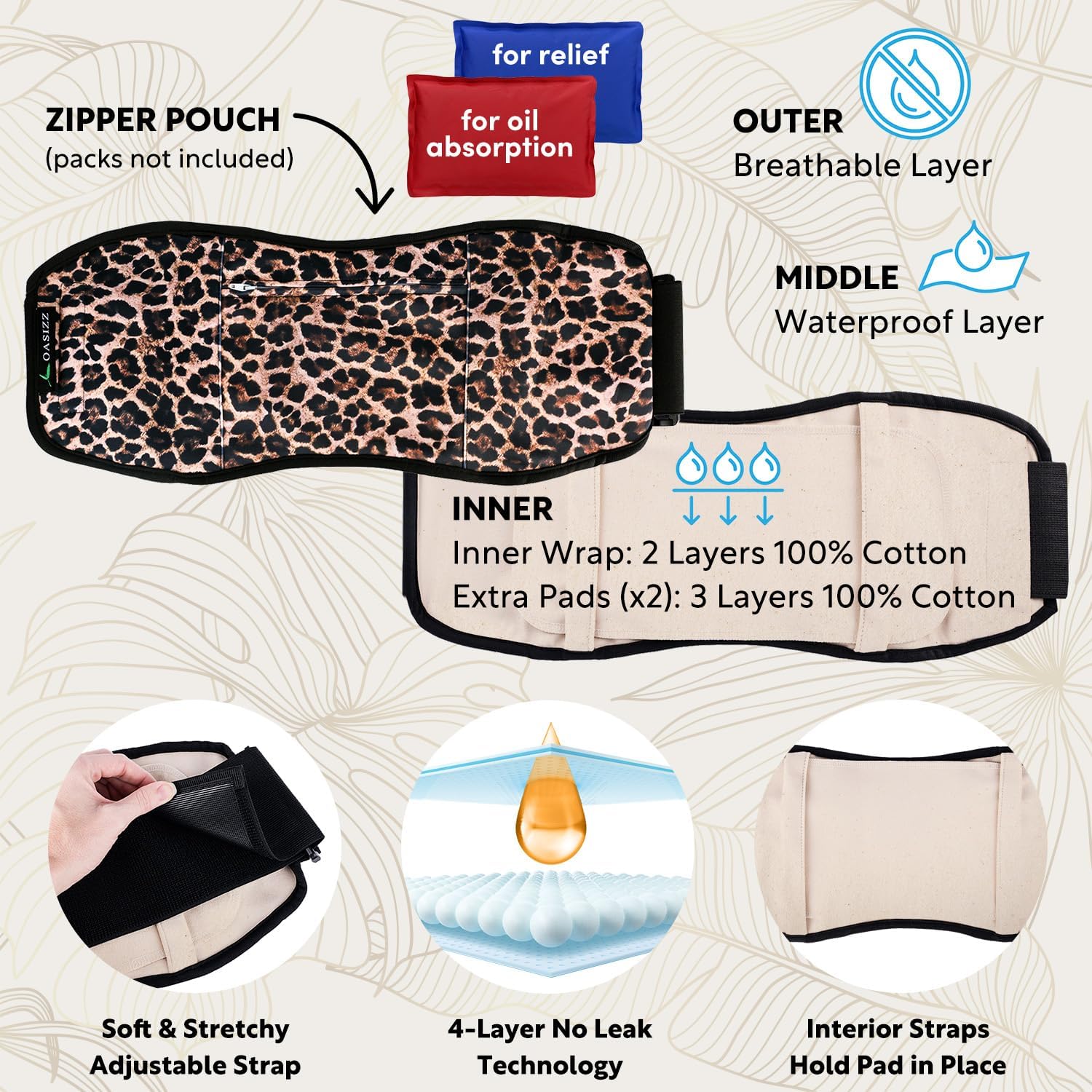 Premium Reusable Castor Oil Pack Wrap for Stomach (5-Piece, 29-56", Cheetah) Plush 100% Double Brushed Cotton Flannel Interior Layers, Dark Fabric Hides Stains, Leak-Resistant Adjustable Design