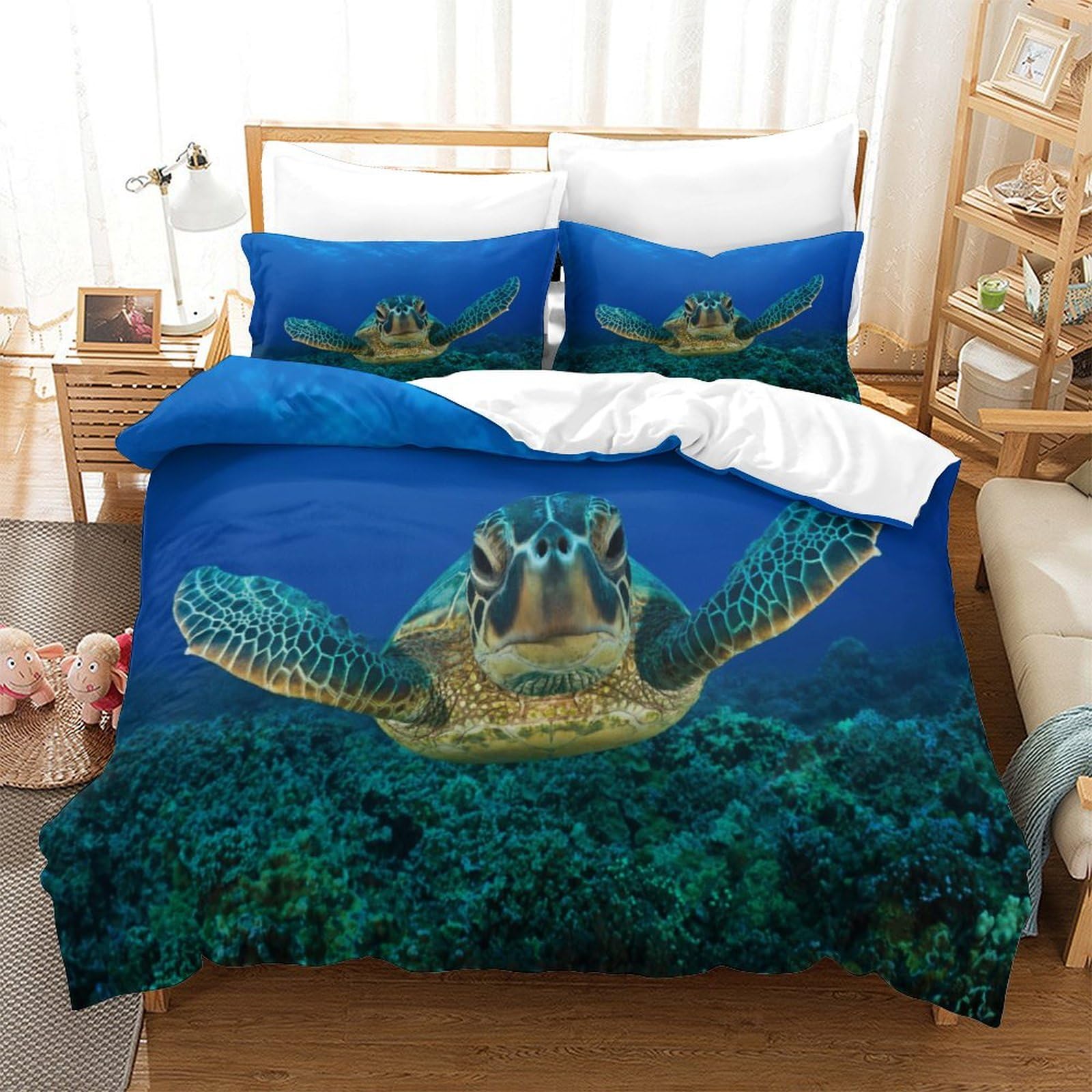 P1S9U7W5Y 3D Printed Ocean Turtle 3pcs Microfiber Duvet Cover Set Underwater Blue Bedding Set King（220x240cm）