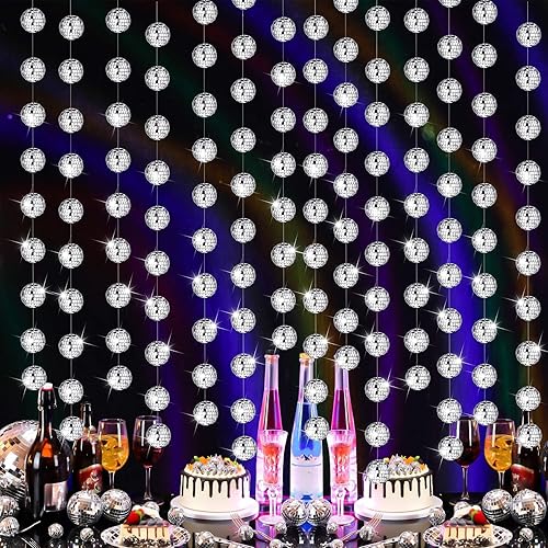 Sumind Paquete de 8 Decoraciones de Fiesta Disco Mini Guirnaldas de Bola de Disco Bola de Espejo Plateada Pancarta Colgante Cortinas de Serpentinas