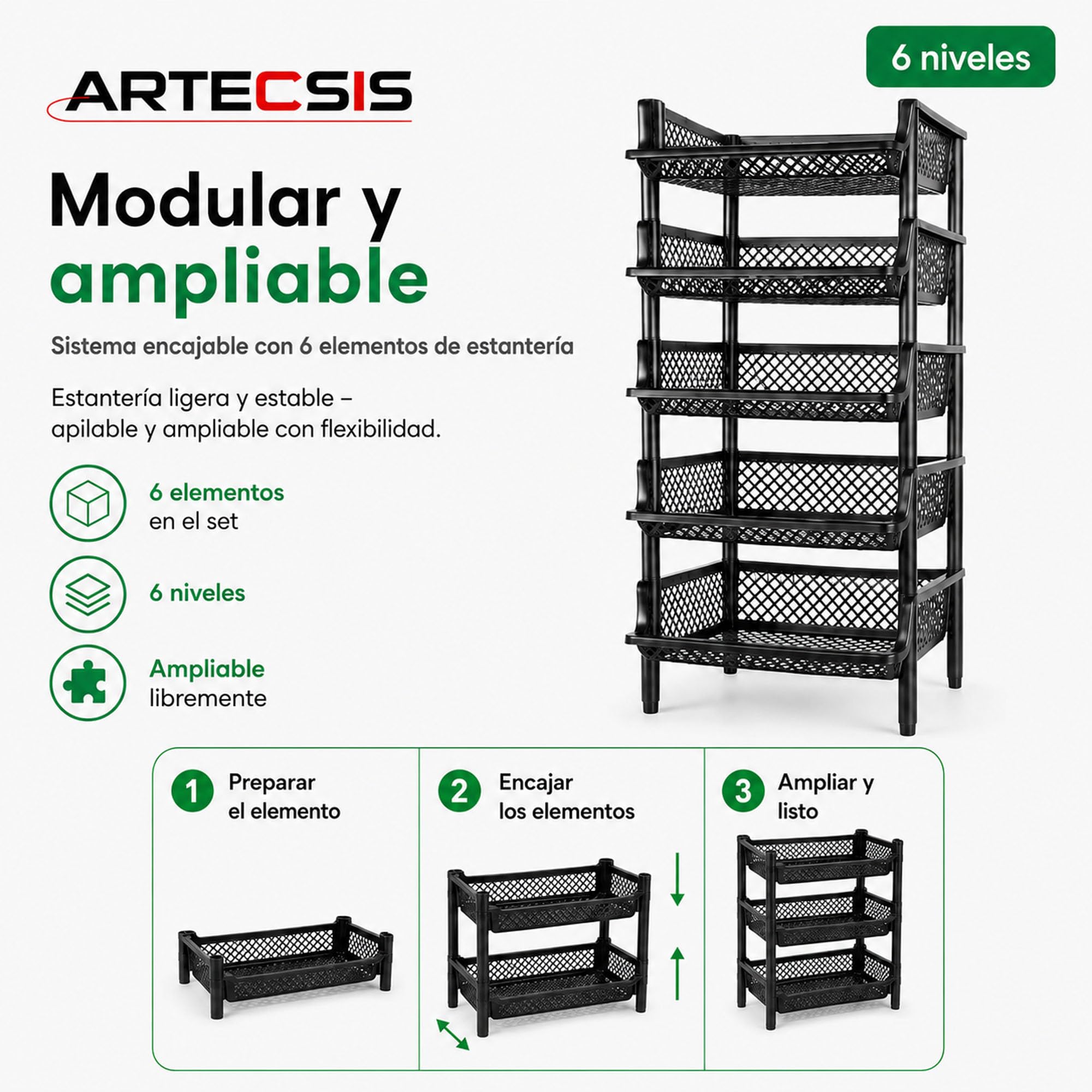 ARTECSIS - Juego de 2 estantes de Almacenamiento de plástico, 6 Niveles, 120 x 50 x 40 cm, Color Negro