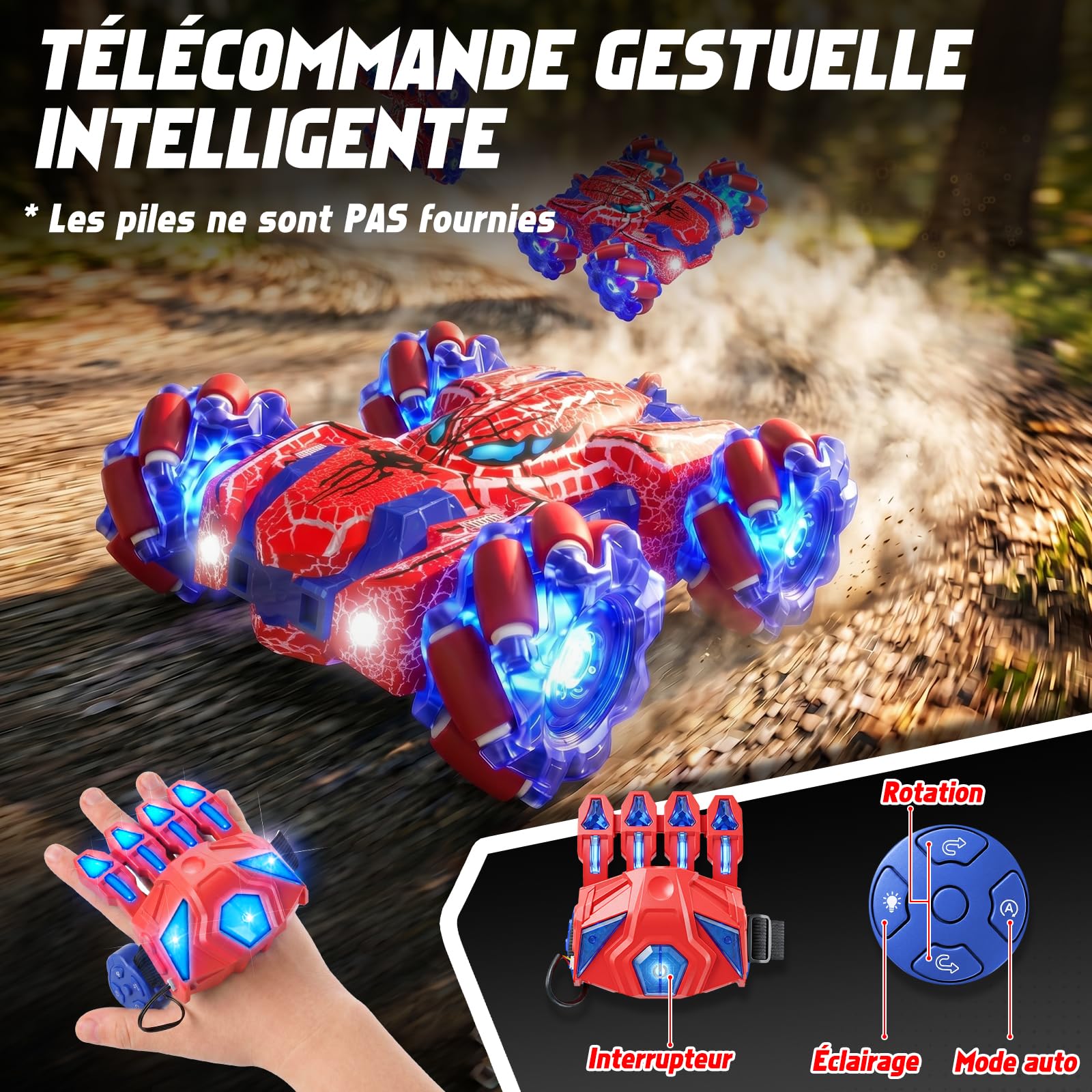 Spider Voiture Télécommandée avec Détection de Gestes, Jouet Enfant Idéal pour 4 5 6 7 8 9 10 11 12 Ans, Voiture RC Double Face avec Éclairage Complet (Rouge)
