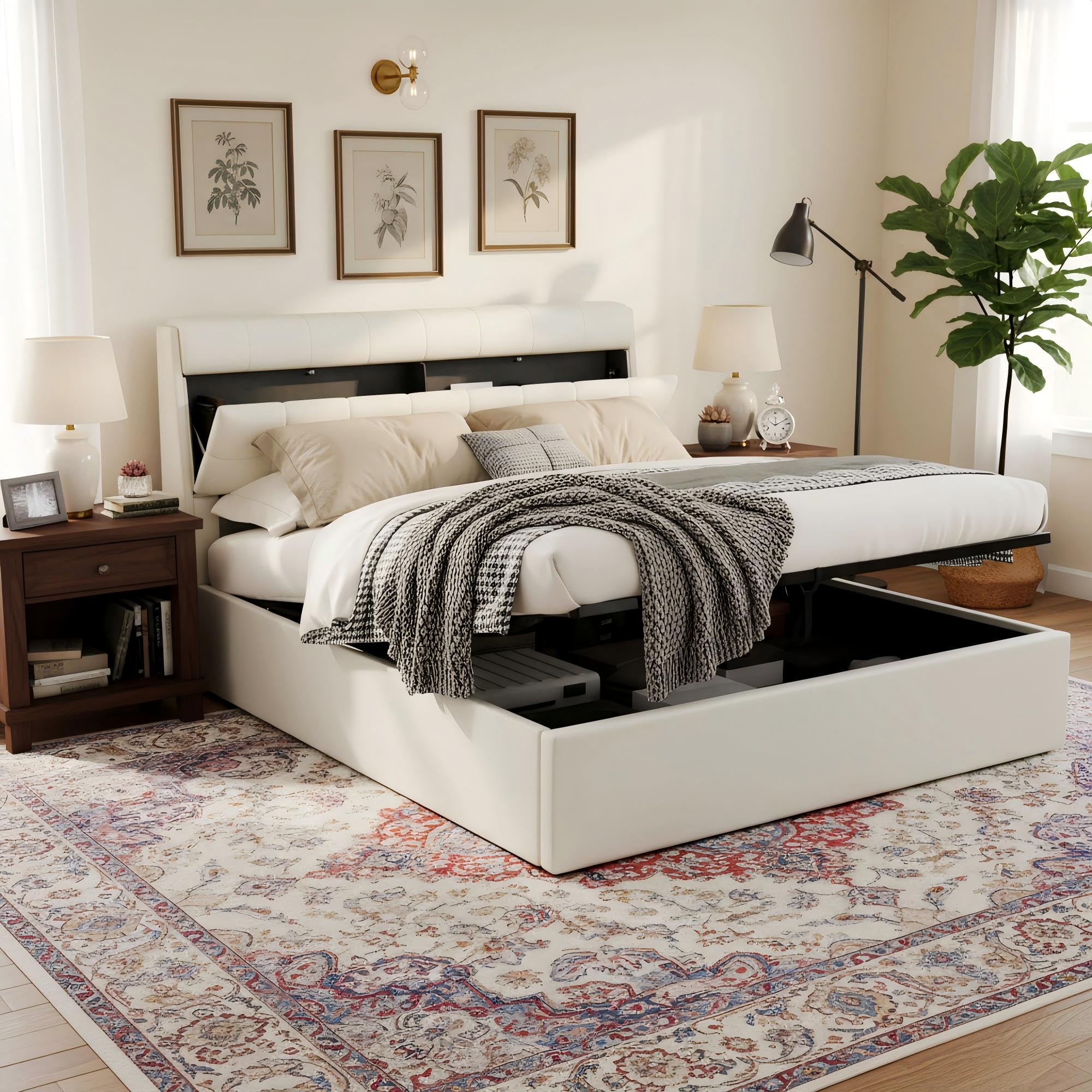 Merax Upholstered Bed Frame with Hydraulic Lift, 4FT6 Double Bed Frame with Concealed Headboard Storage and Bed Box Storage, Functional Ottoman Bed, Elegant PU Finish, Cream White, 135x190cm