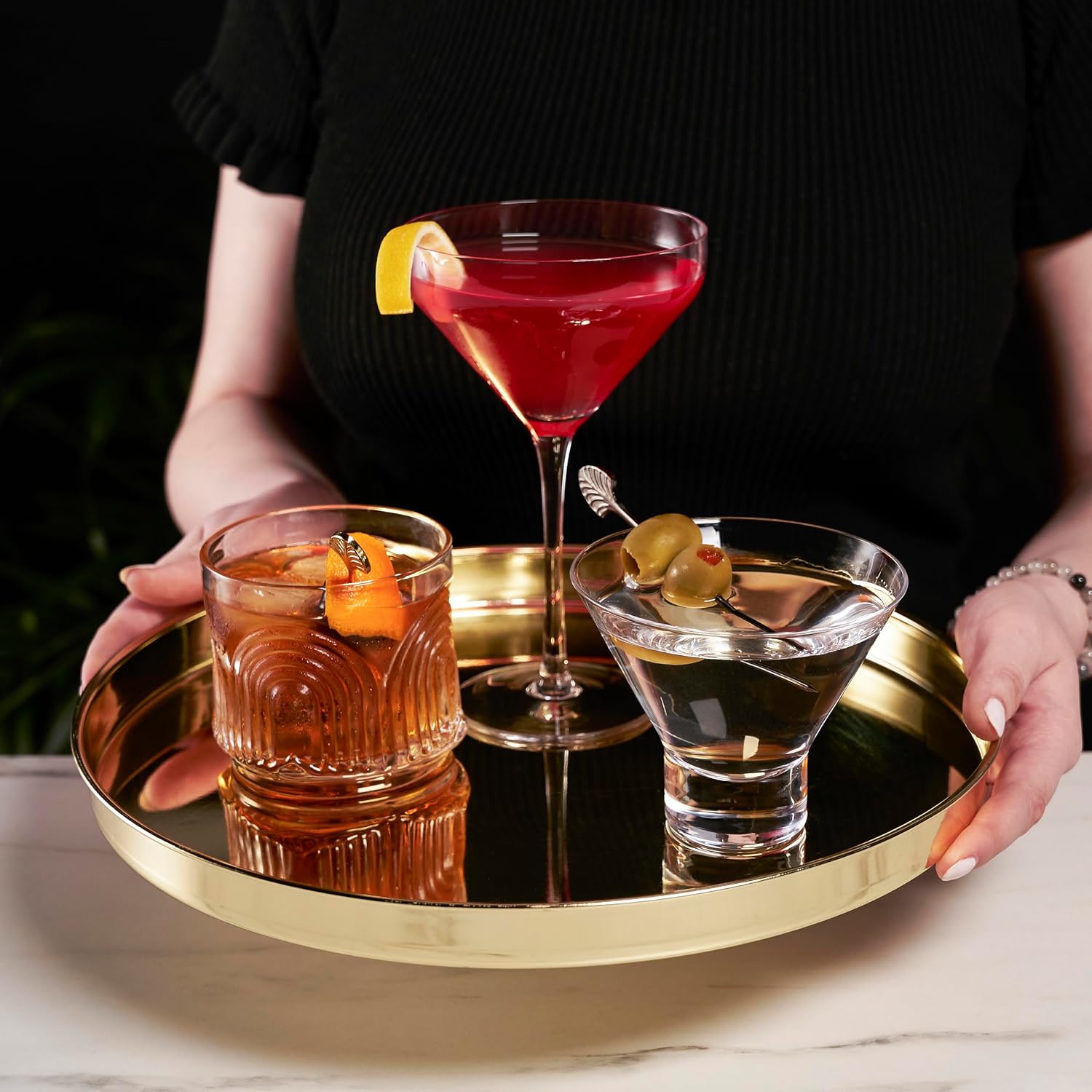 Viski Tray, Round Serving Tray, Stainless Steel with Gold Plating, 12.5 Inch Diameter, Perfume Tray, Gold, Set of 1