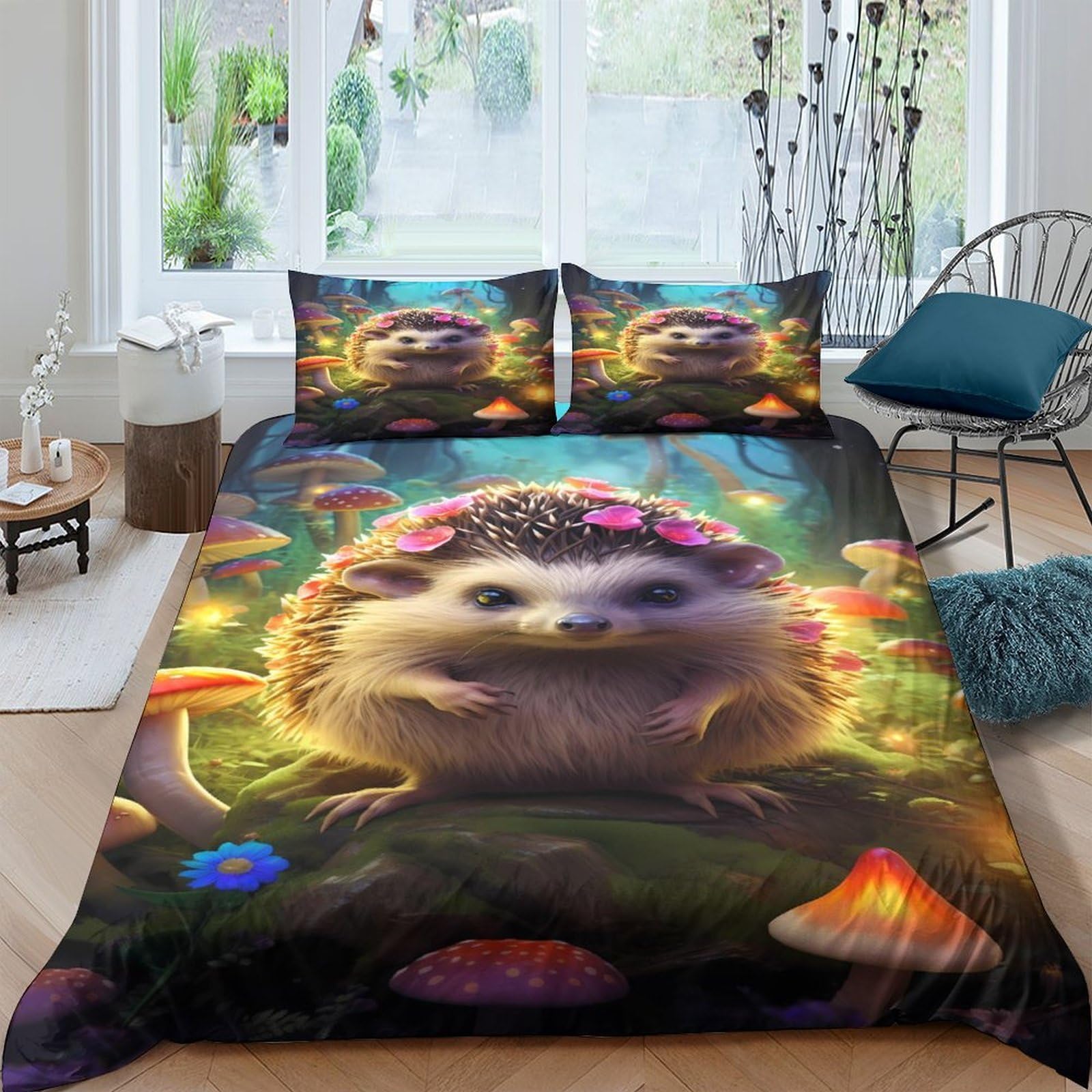 Ctjqhvkz Style-5 3D Printed Hedgehog Fantasy Fitted Sheet Microfiber Soft Mushroom Bed Cover For Bedroom Guest Room Decor Easy Care Single（135X200cm）
