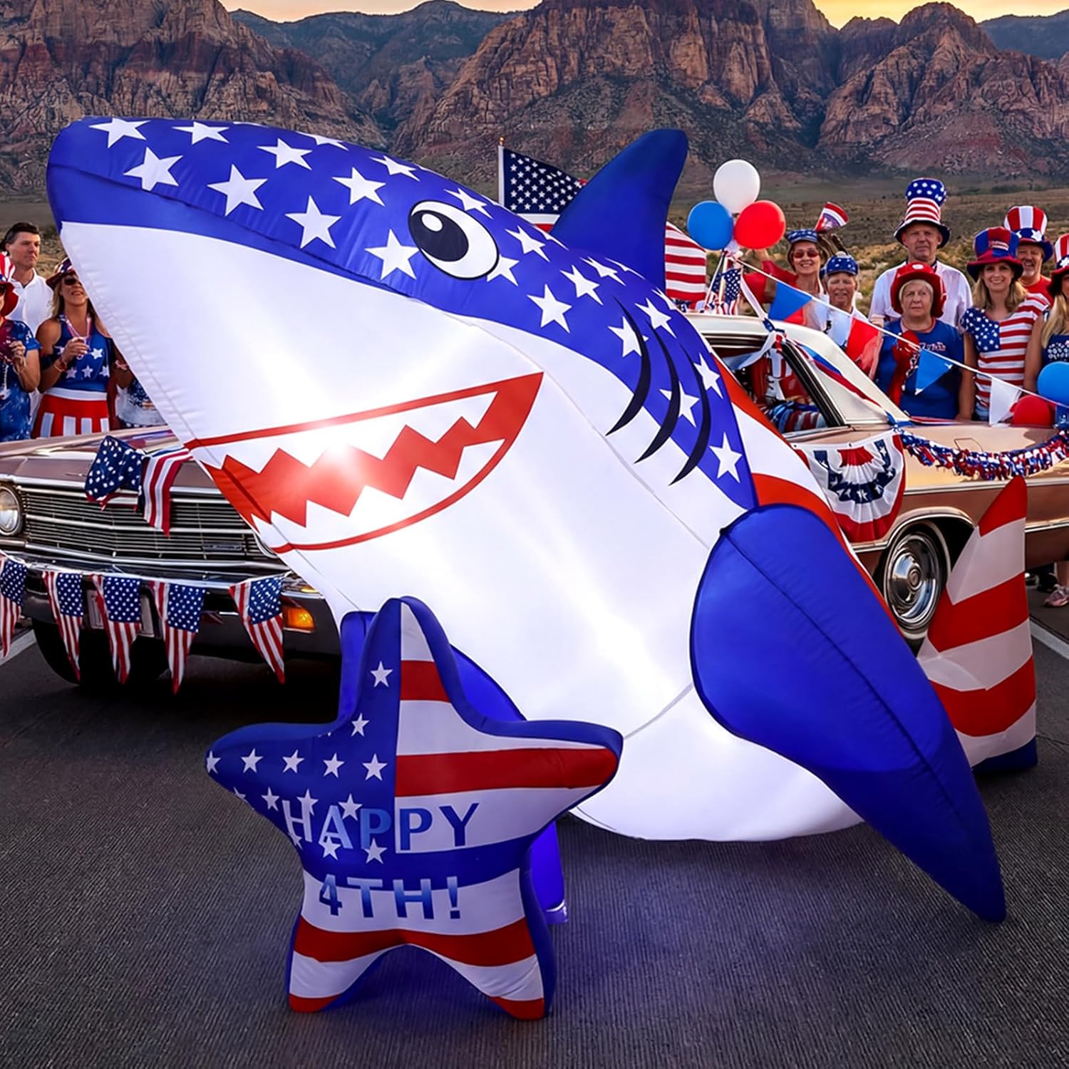 9 x 5 ft 4th of July Inflatable Patriotic Memorial Day Inflatable Outdoor Decorations LED 250th Anniversary Yard Decor Shark Shaped Blow up Yard Decoration for Garden Lawn