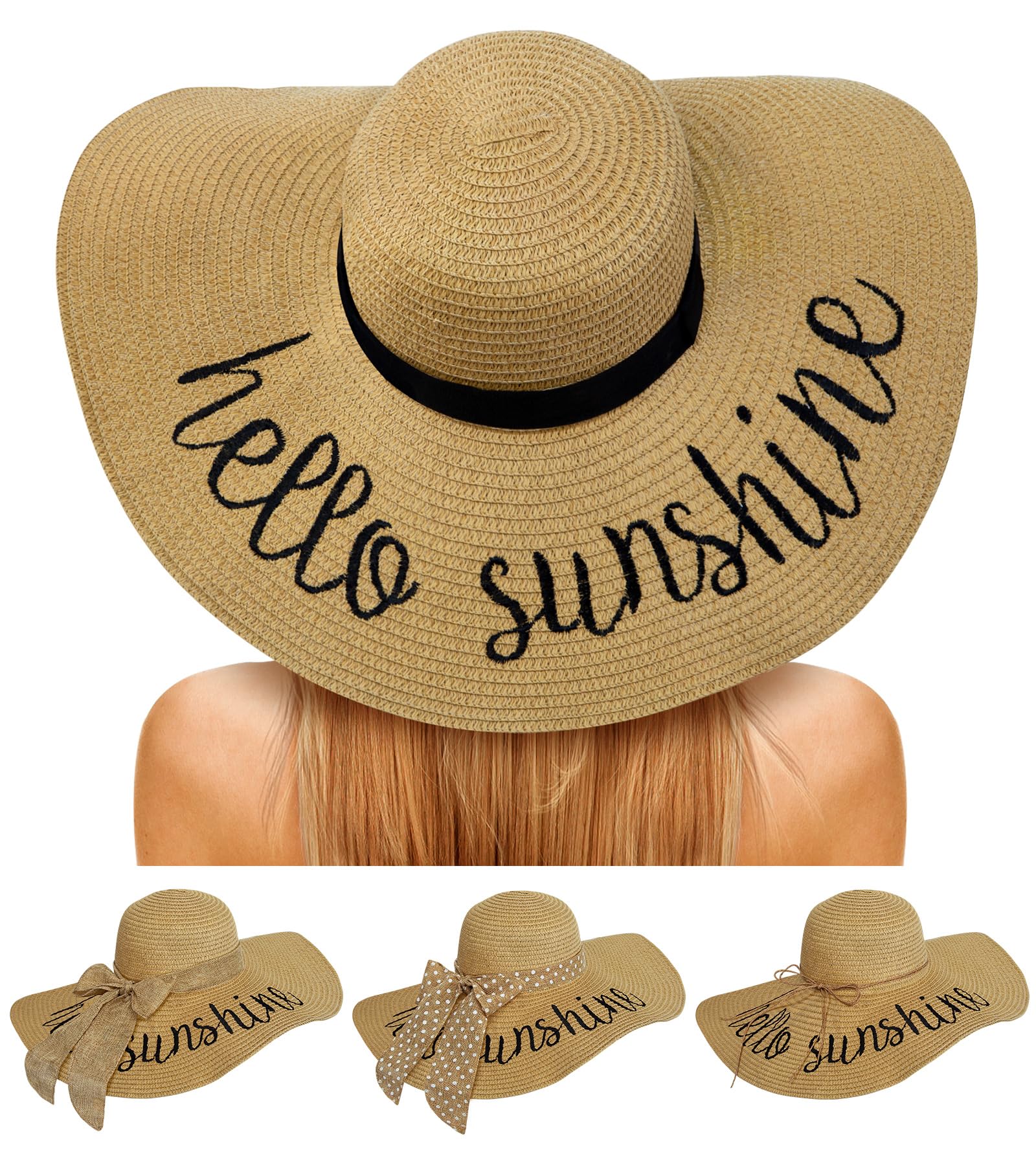 Senker FashionBeach Hats for Women, Floppy Straw Sun Hat Embroidered Wide Brim Foldable for Summer Honeymoon Vacation Travel Cruise UPF 50+