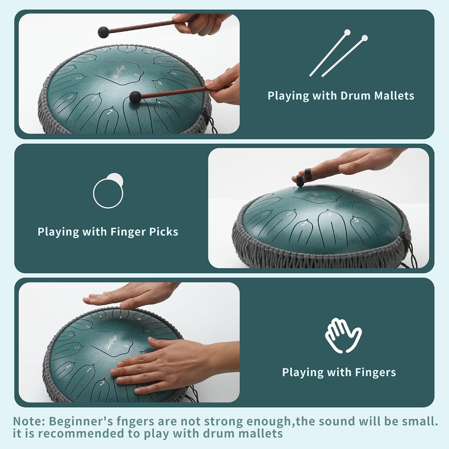 LeSage Rain Drum for Outside, 13 Inch 15 Notes D Major Steel Tongue Drum, Steel Drum Percussion Instrument for Yoga, Meditation & Music Education with Music Book, Mallets, Carry Bag & Finger Picks