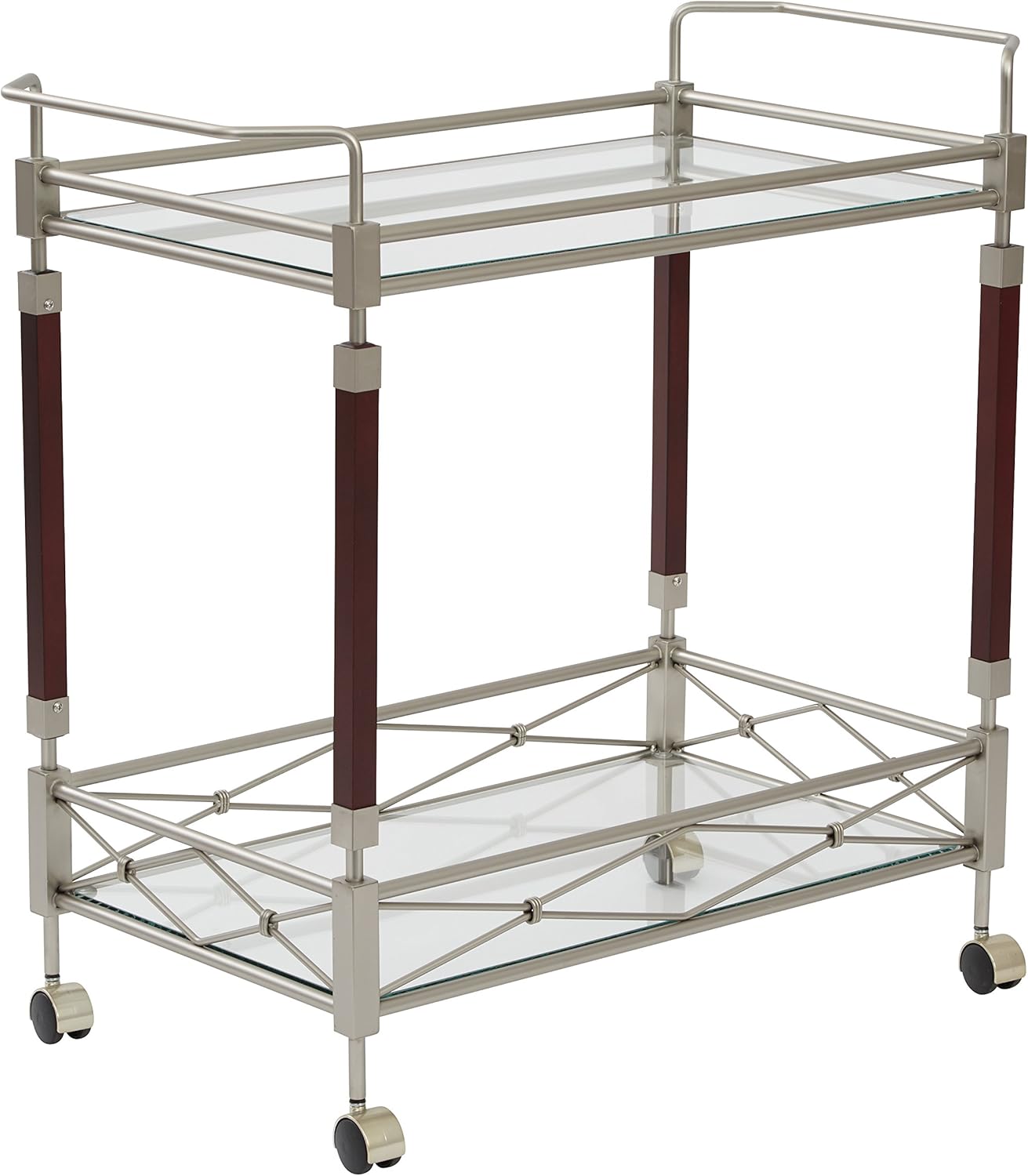 OSP Home Furnishings Melrose Metal Frame Serving Cart with Brushed Nickel Finish and 2 Tempered Glass Shelves