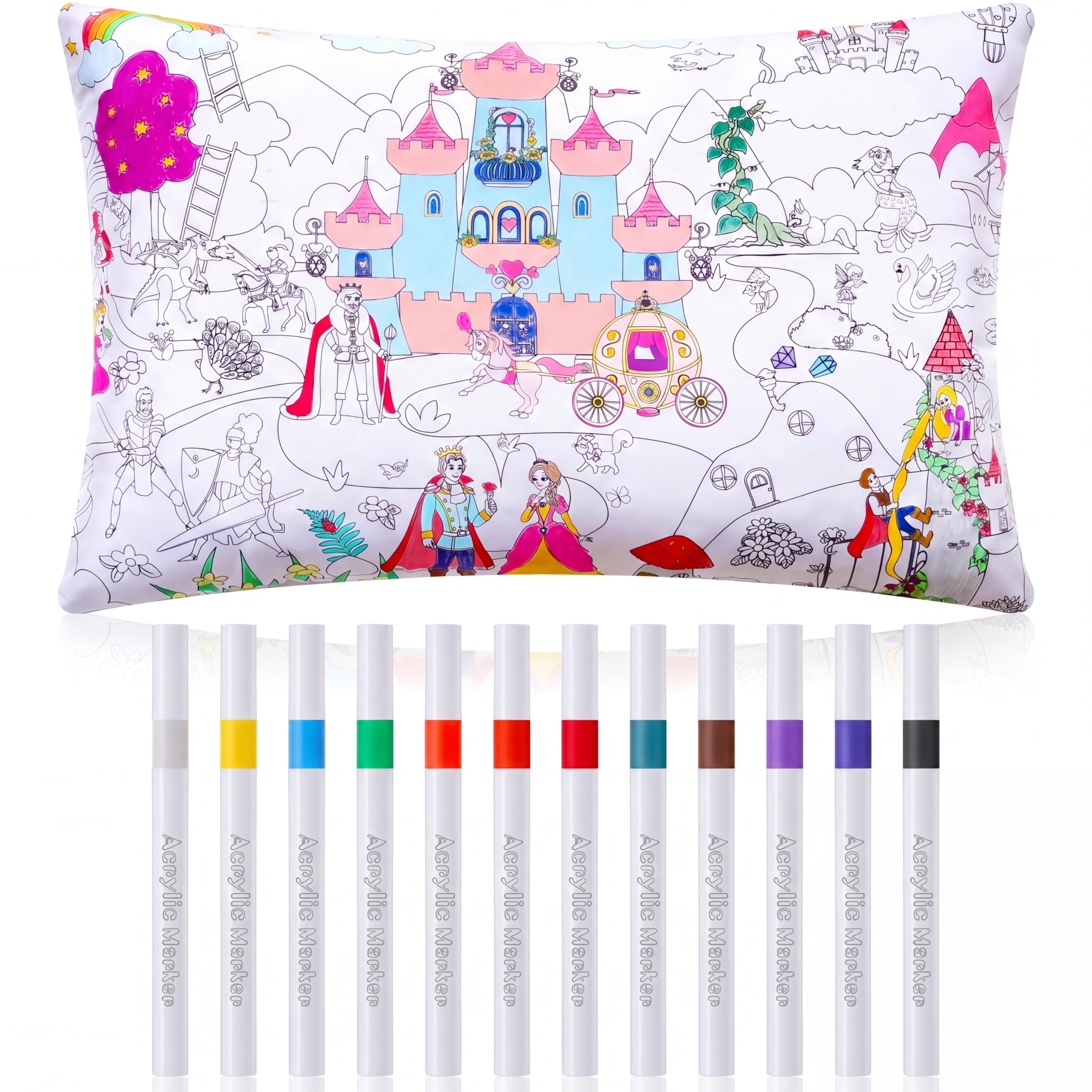 Mindsoft Coloring Craft Coloring Pillowcase Pillow Covers with 12 Pcs Markers Pens for Decoration Supplies Craft, 28.7 x 19.7 Inch (Fairy Tale)