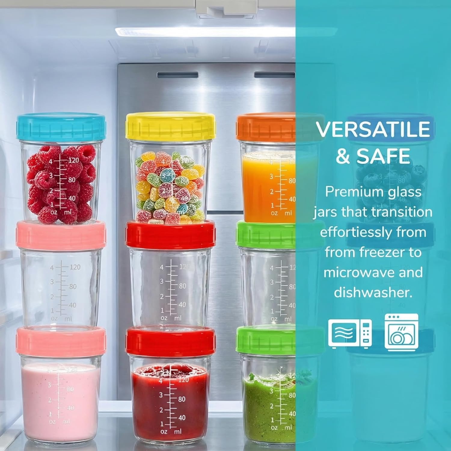 Jucoan 16 Pack Glass Baby Food Storage Jars, 6 Ounce Small Baby Food Storage Containers with Plastic Lids and Scale for Baby Meal Prep, Jam, Snack, Fruits, Microwave Dishwasher Safe