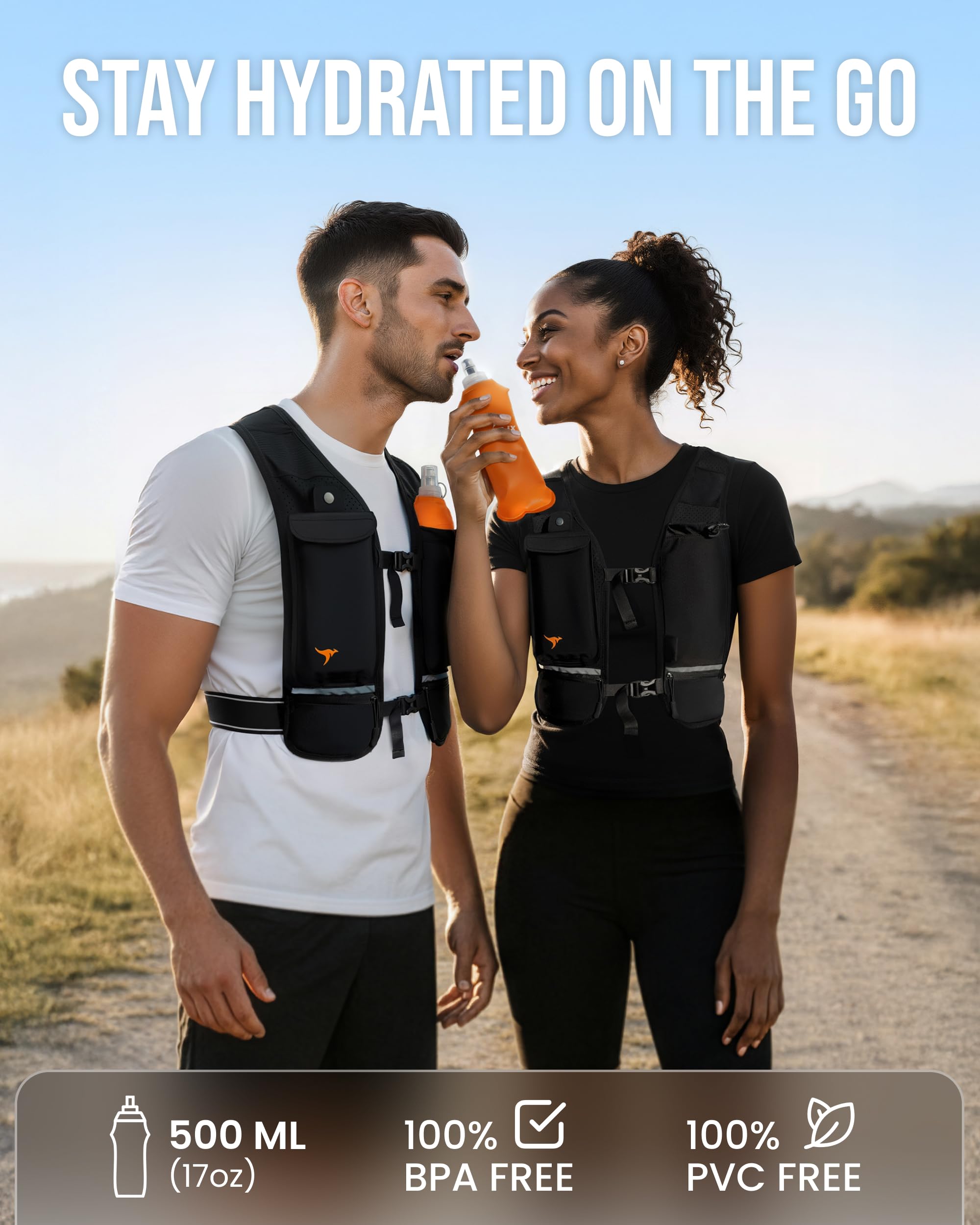 Laufweste für Damen und Herren – reflektierende Laufweste mit 500 ml weicher Wasserflasche, Handyhalter, 2 LED-Lichter, wiederaufladbar über USB – 7 Taschen, Läufer, Rucksack, Trail-Jogging