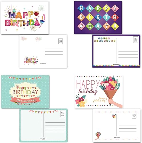 Stonehouse Collection Tarjetas postales de feliz cumpleaños a todo color en ambos lados, 4 divertidos diseños de cumpleaños, tarjetas postales de 4