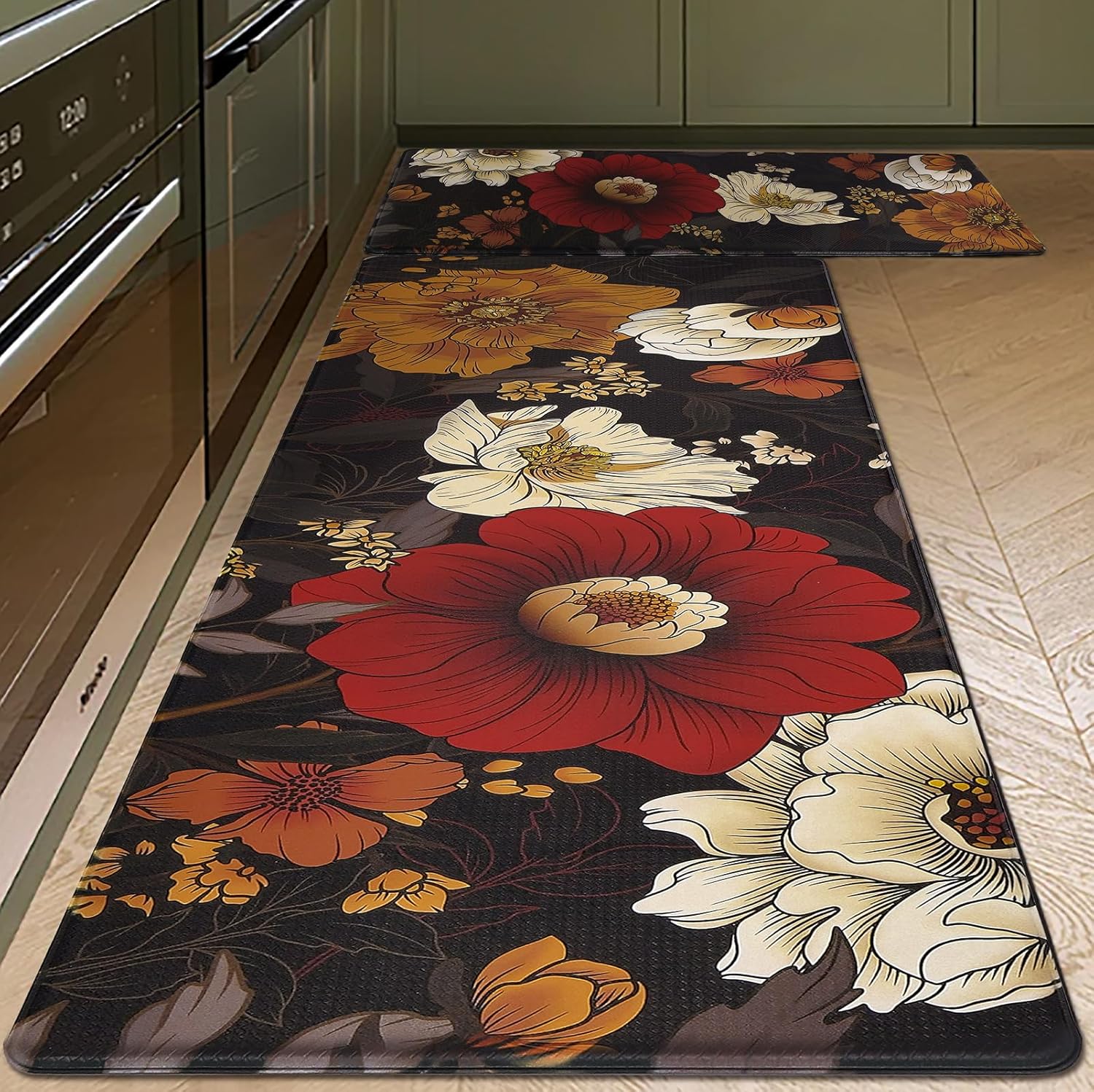 Kitchen Mats for Floor 2PC Anti Fatigue Waterproof Flora Padded Kitchen Rugs for Laundry Desk Bar Black 17"x30"+17"x59"