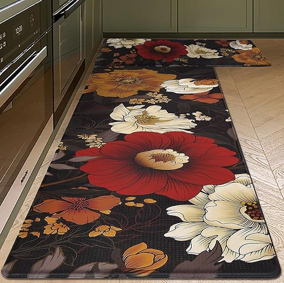 Amazon.com: Black Kitchen Rugs Sets of 2 Boho Flora Non Slip Waterproof ...