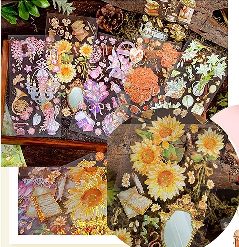 Miniatura 7 de RIVEENY Juego de calcomanías holográficas de papel de aluminio dorado calcomanías para diario de álbumes de recortes mariposa de flores impermeable