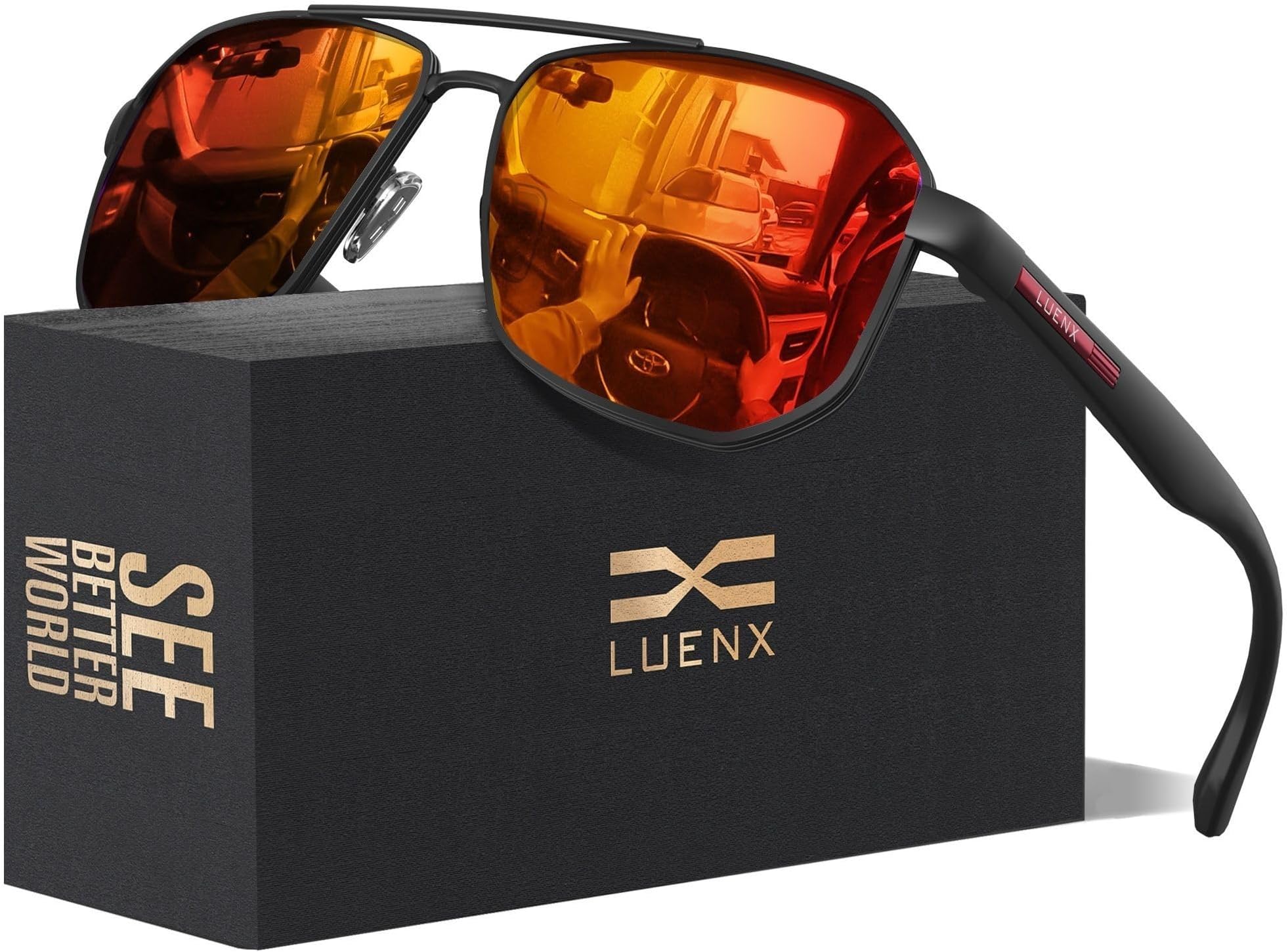 LUENX Aviator Sunglasses for Men Square Polarized Polygon Lens - UV 400 Protection with Accessories Driving Outdoor