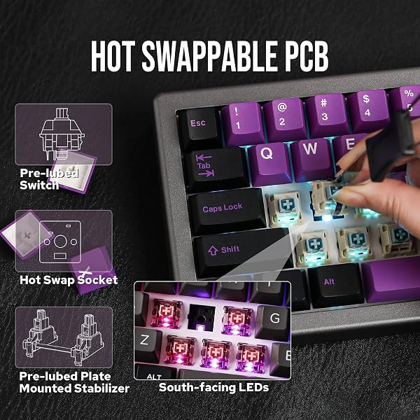 EPOMAKER EK68 65% Guarnizione NKRO Hot Swappable Triple Mode Tastiera da Gioco Meccanica con Manopola, LED Rivolto a sud, Retroilluminazione RGB per Win/Mac (Nero Argento, Flamingo Switch) - 5