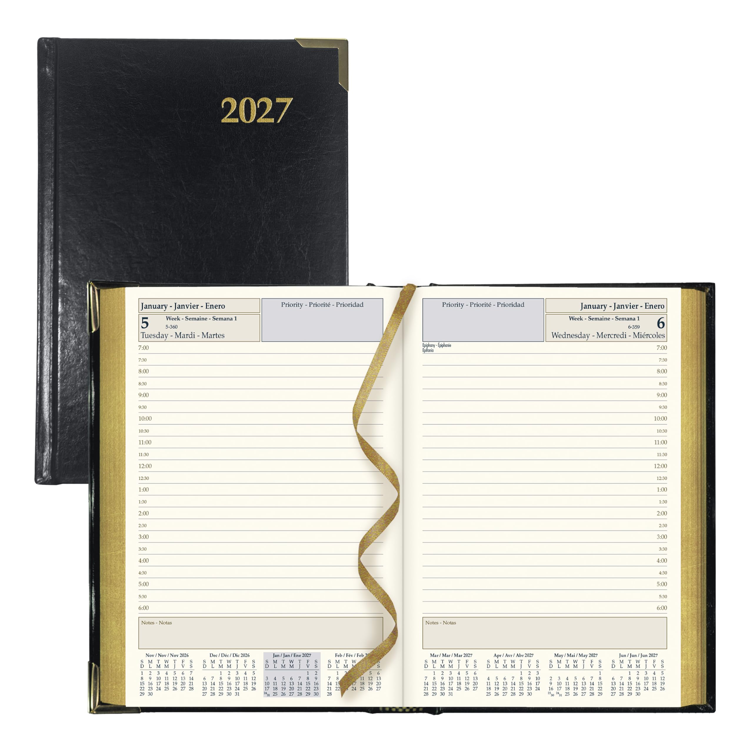 Brownline® Agenda giornaliera 2027, 12 mesi, da gennaio a dicembre, rilegatura cucita, 18,1 x 12,4 cm, nero, trilingue (CBE504)