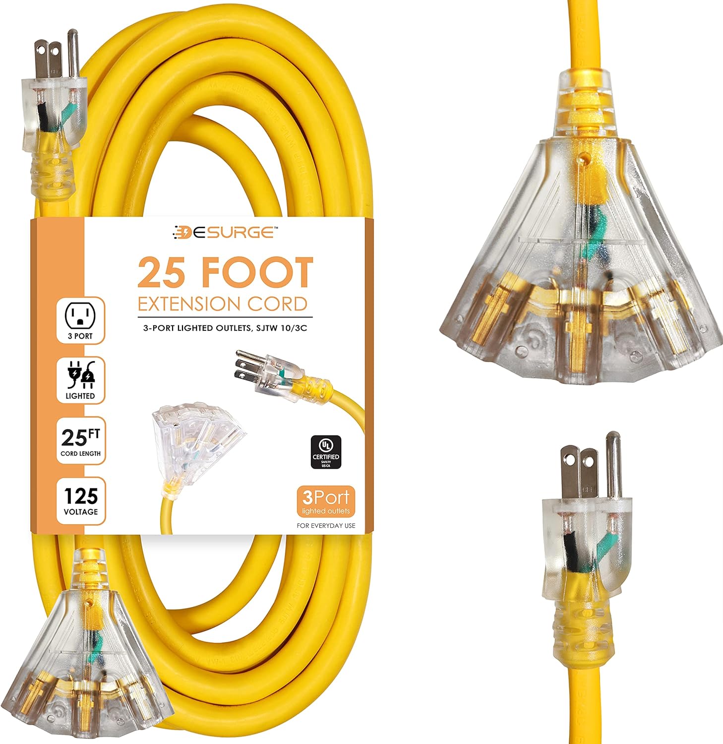 Digital Energy - Outdoor Heavy Duty 10/3 Extension Cord - 25 Ft | 3 Lighted Outlets, 15A, 125V, 60Hz, 1825W 10AWG - UL Listed