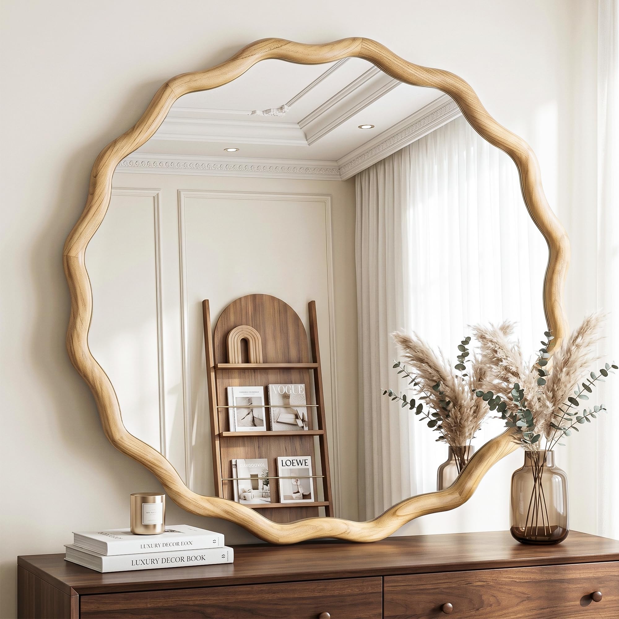 Boho Wavy Round Wood Wall Mirror