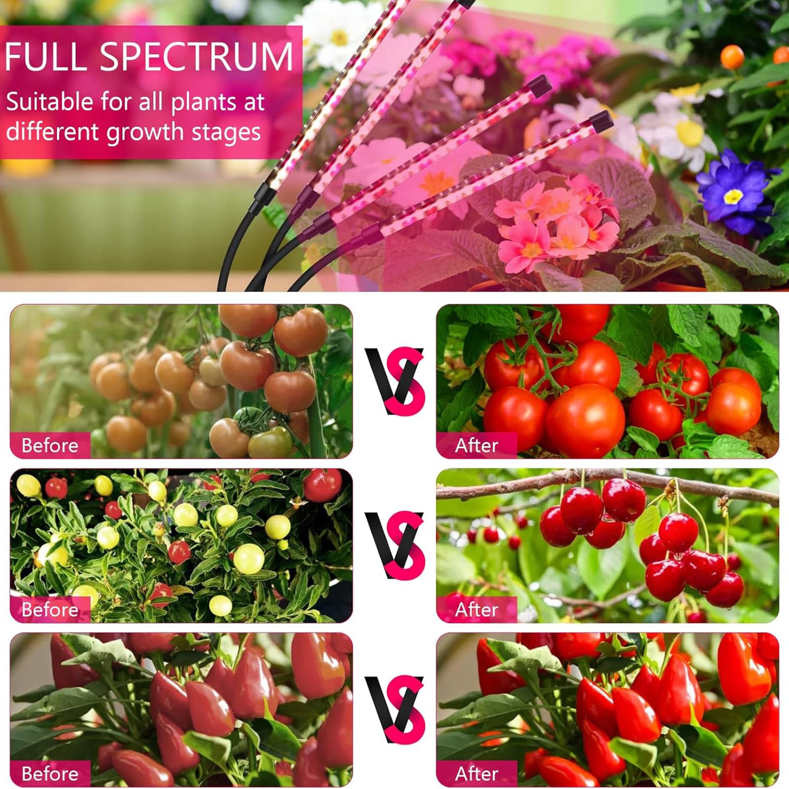 Grow Lights for Indoor Plants, Four Head LED Grow Light with Full Spectrum & Red White Spectrum for Indoor Plant Growing Lamp, 4/8/12H Timer, Adjustable Gooseneck, 3 Switch Modes - 4