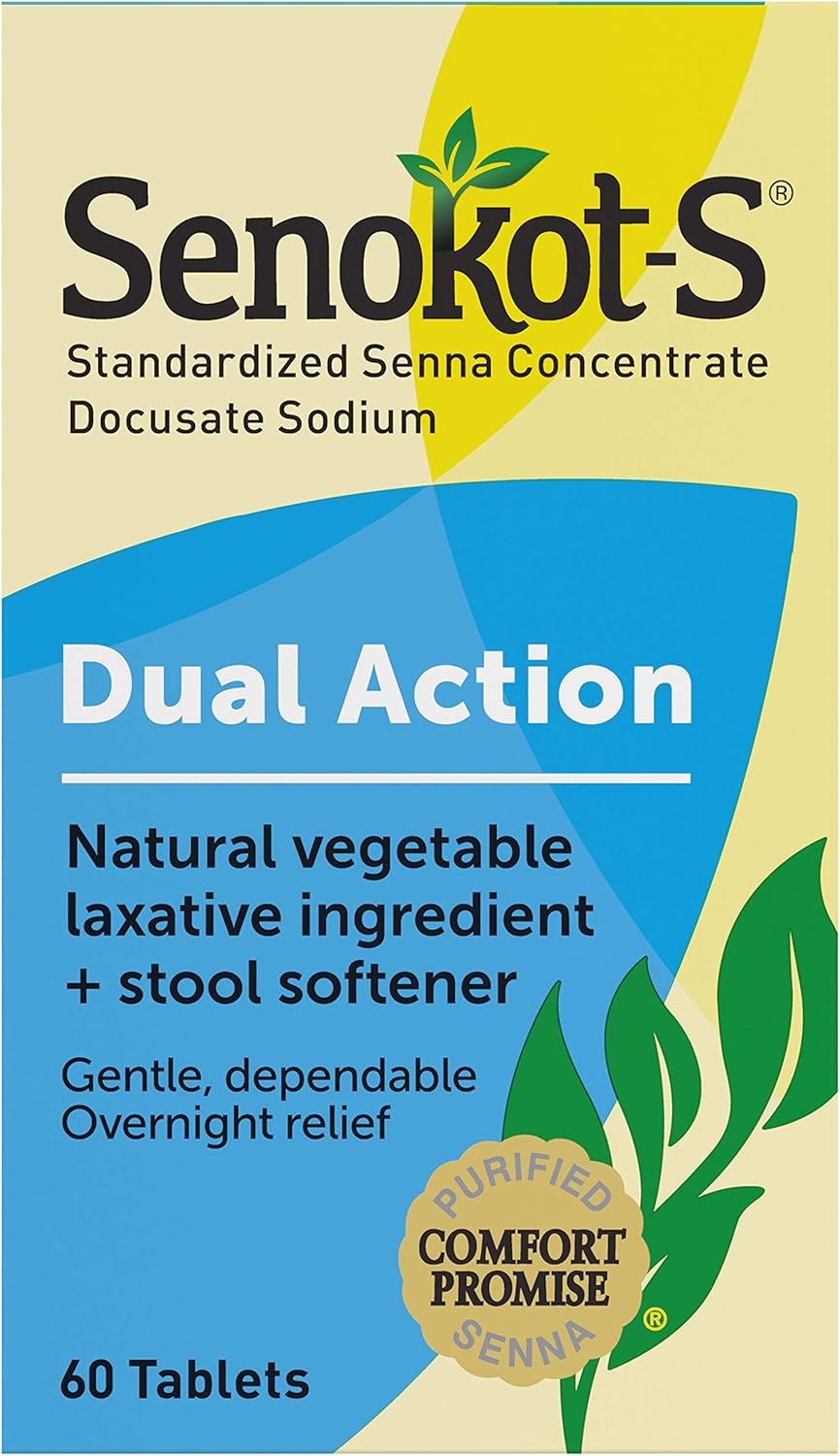 Senokot-S Dual Action 60 Tablets, Natural Vegetable Laxative Ingredient Plus Stool Softener Tablets, Gentle Dependable Overnight Relief of Occasional constipation White : Everything Else