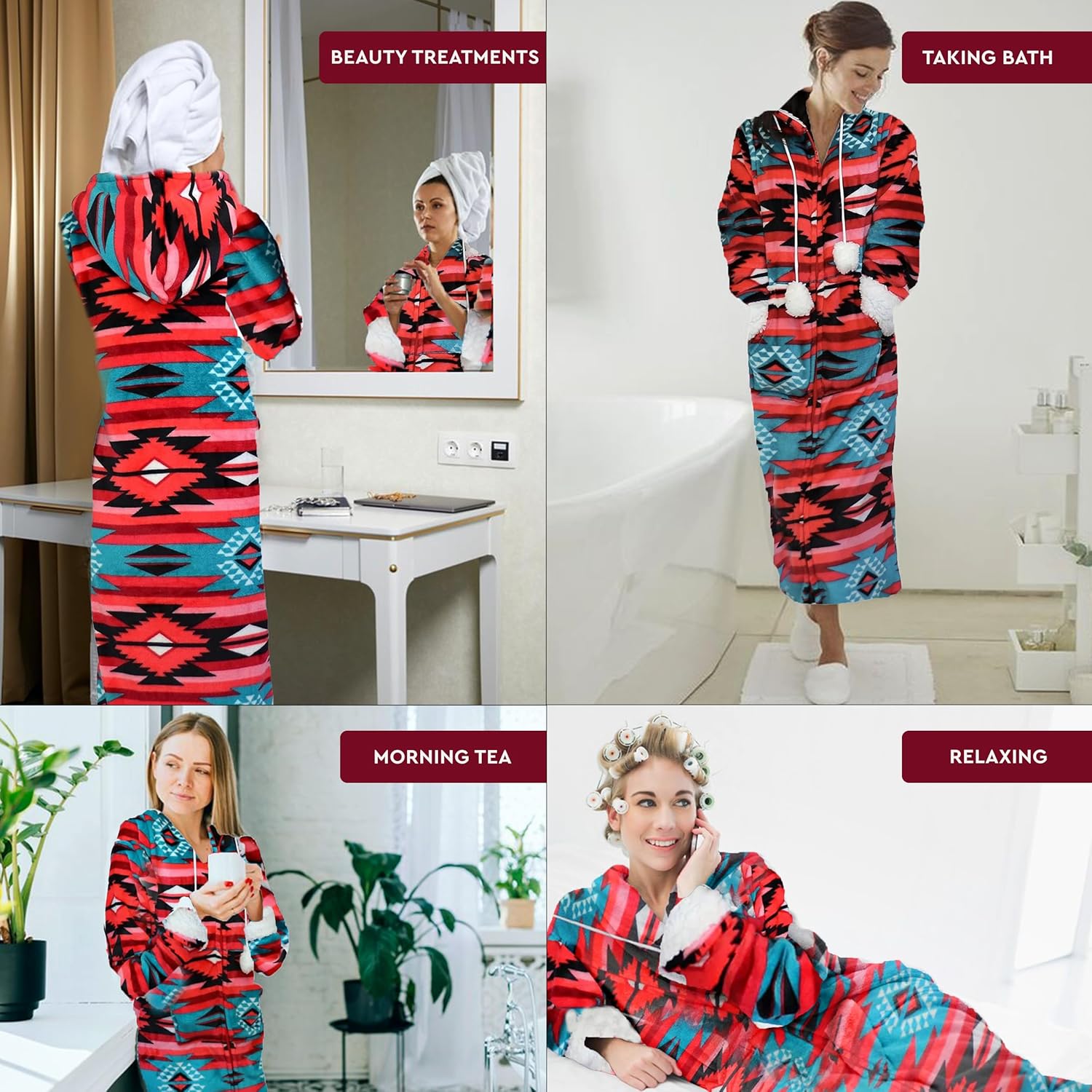 TrailCrest Aztec Womens Lightweight Soft Fleece Hooded Zip Up Lounge Bathrobe- Plush Long Spa Robes Sleepwear Apparel
