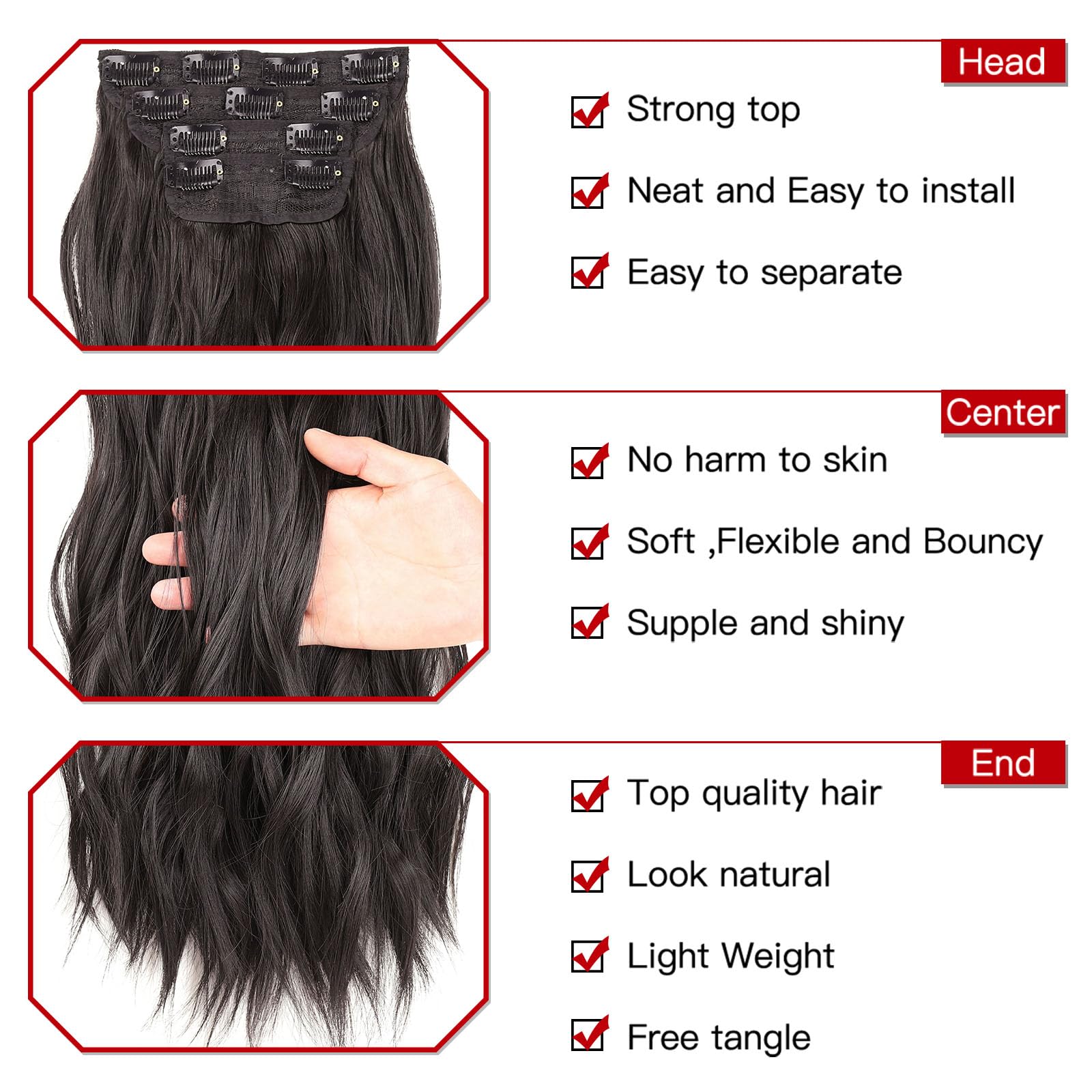 Xtrend 4PCS 24 Inch Long Wavy Hair Extensions - 11 Clips in Synthetic Hair Pieces for Women - Thick Curly 2# Color - Image 3
