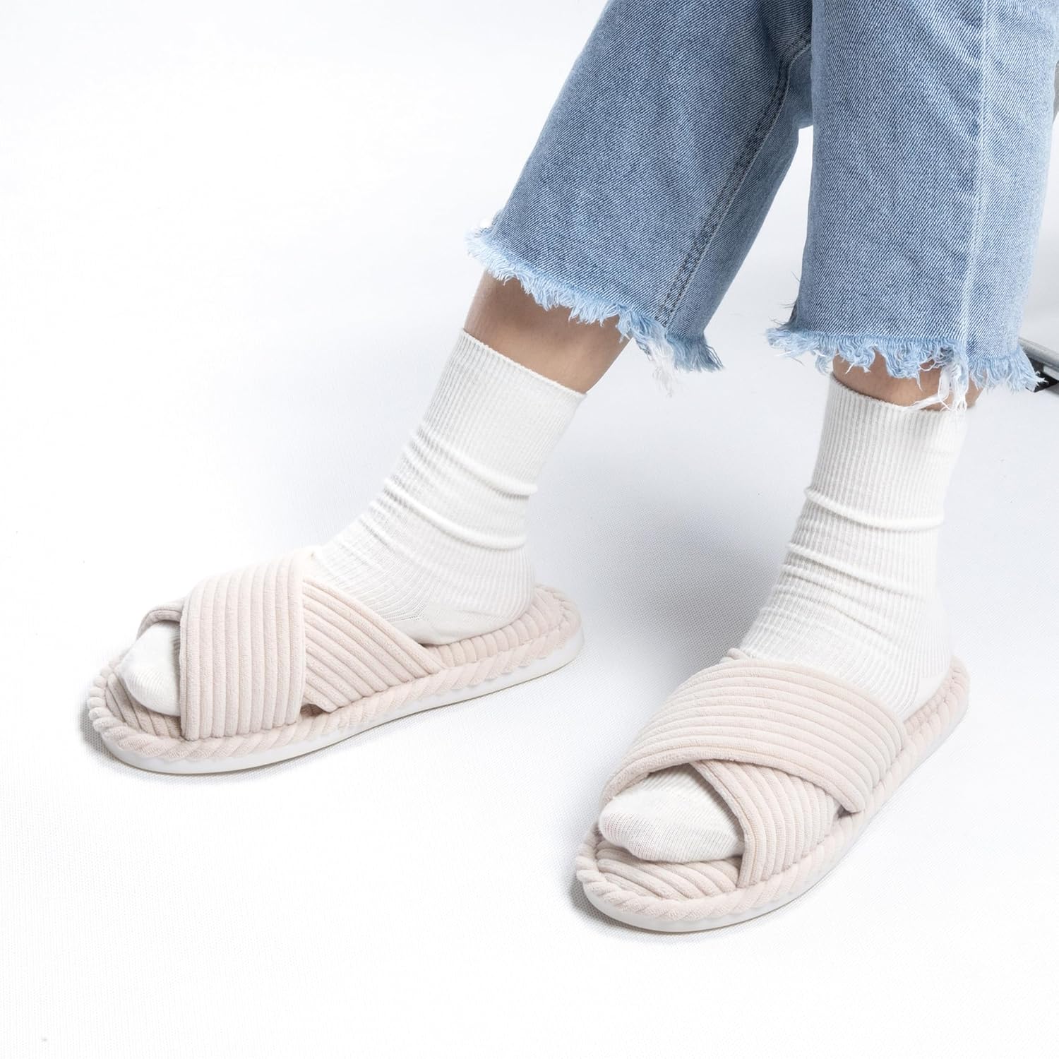 House Slippers for Women Corduroy Cross Band Slippers Open Toe Bedroom Indoor Shoes with Memory Foam - Image 2